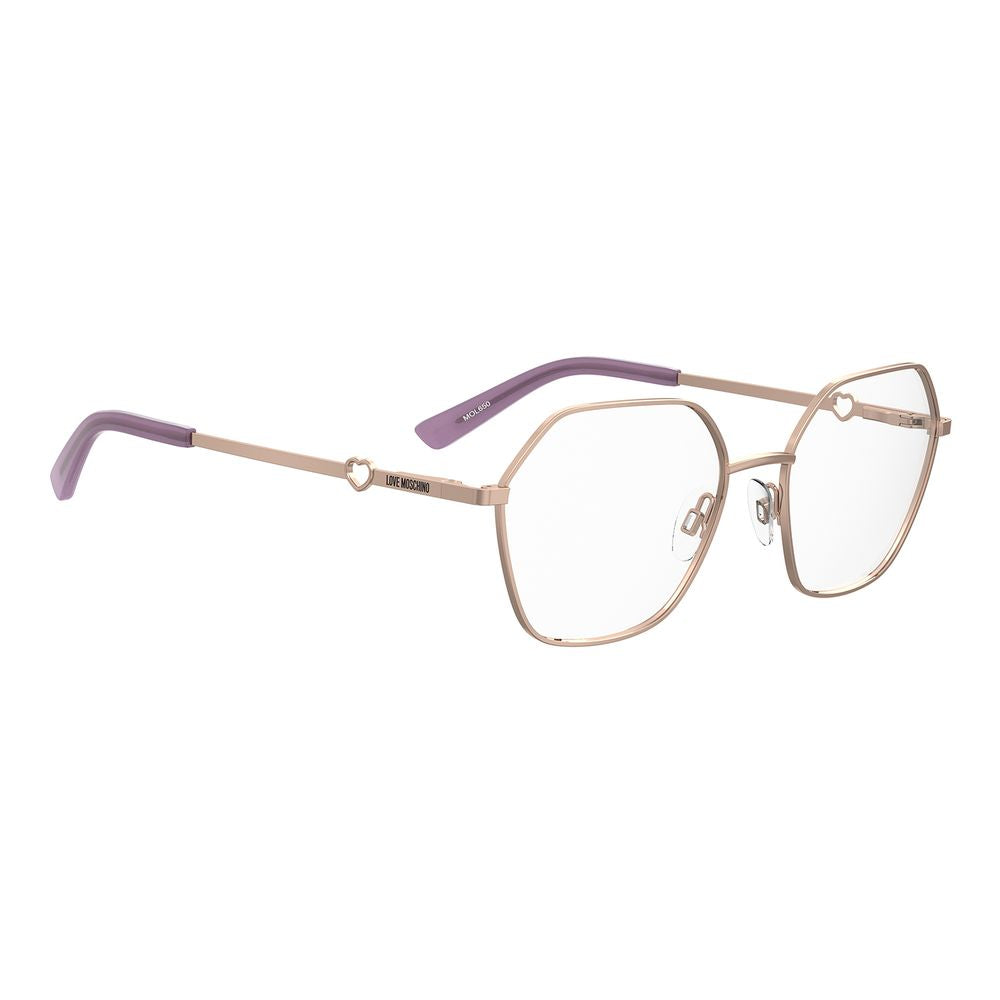 Eyeglasses Frames by Love Moschino for women in metal & plastic rose-gold showcases a refined full-frame frame design with a refined rose-gold coloured frame finish for a refined and sophisticated look.