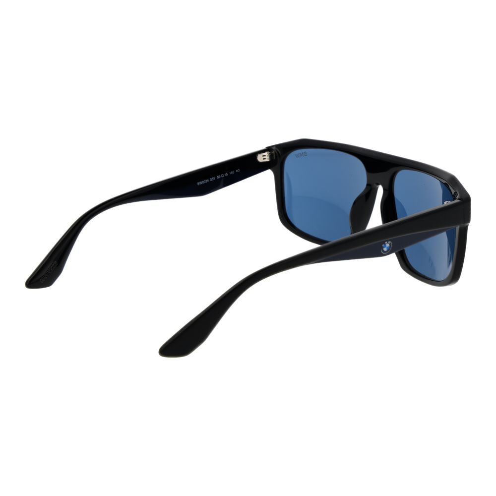 Sunglasses by BMW for men in plastic black features an lustrous full-rim square frame design with black coloured frame detailing and non-polarized category-3-dark-tint lens for a lustrous aesthetic.