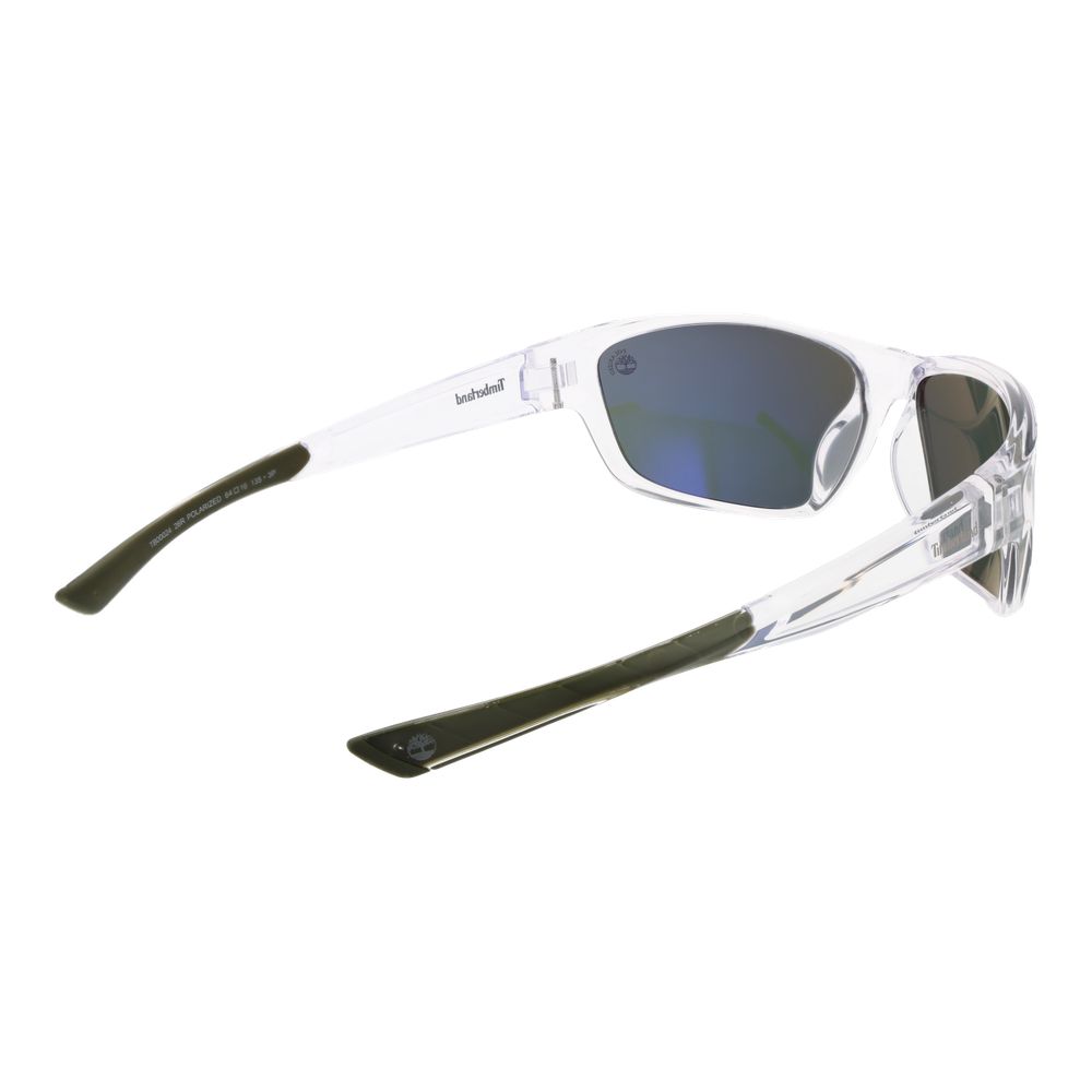 Sunglasses by Timberland for men in plastic transparent features an lustrous rectangle full-rim frame design with transparent coloured frame detailing and polarized category-3-dark-tint lens for a lustrous aesthetic.