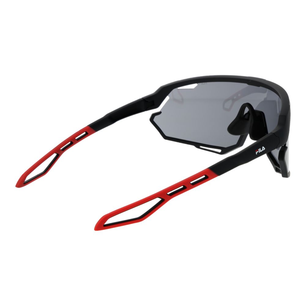 Sunglasses by Fila for men in plastic and black featuring an opulent full-rim mono-lens frame design with a sophisticated black coloured frame finish and high-performance non-polarized category-2-medium-tint lens.