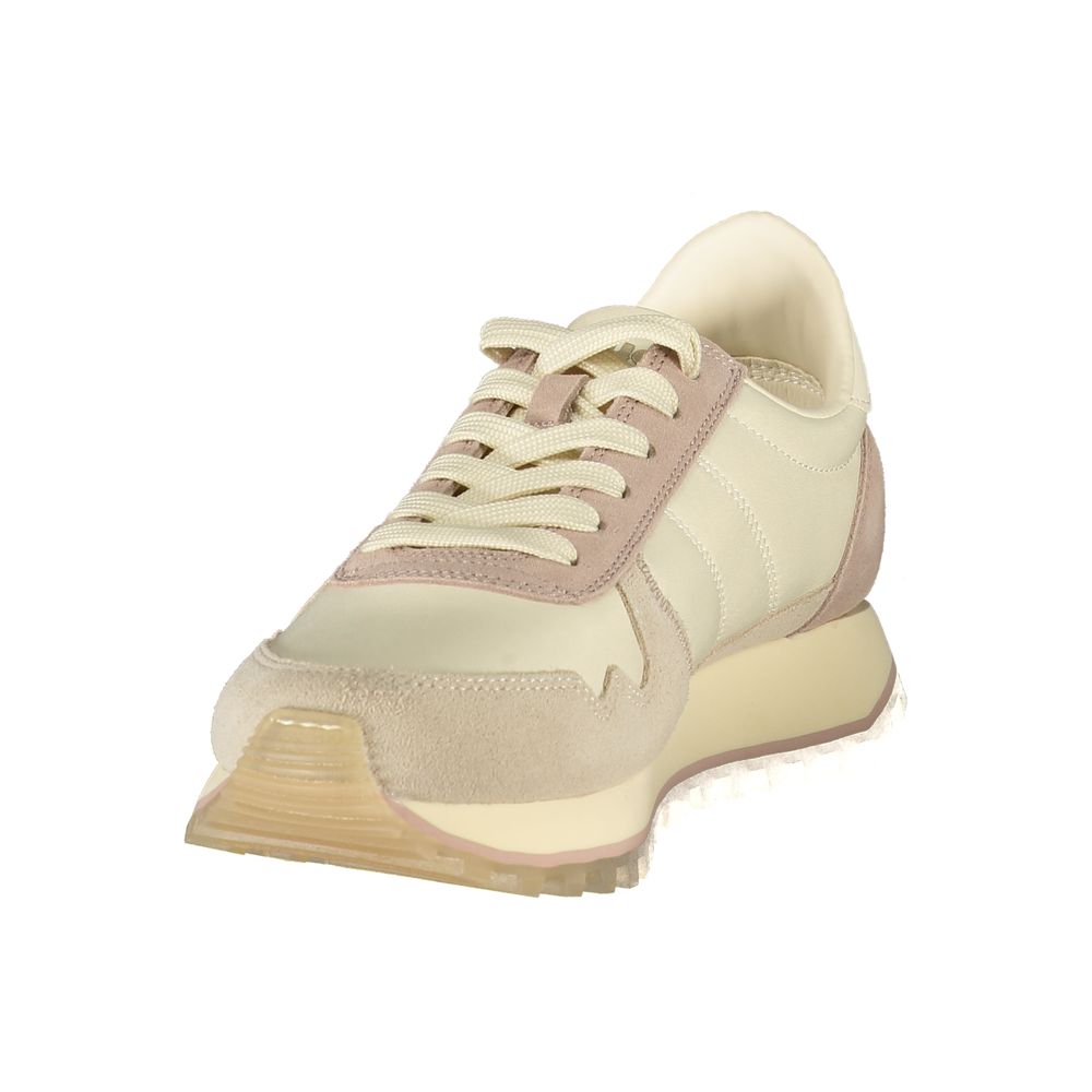 Athletic Sneakers by Blauer for women in polyester polyurethane leather beige features an architectural silhouette, showcasing the premium athletic style of the Women's Athletic Polyester Polyurethane Leather Sneakers with an architectural finish.