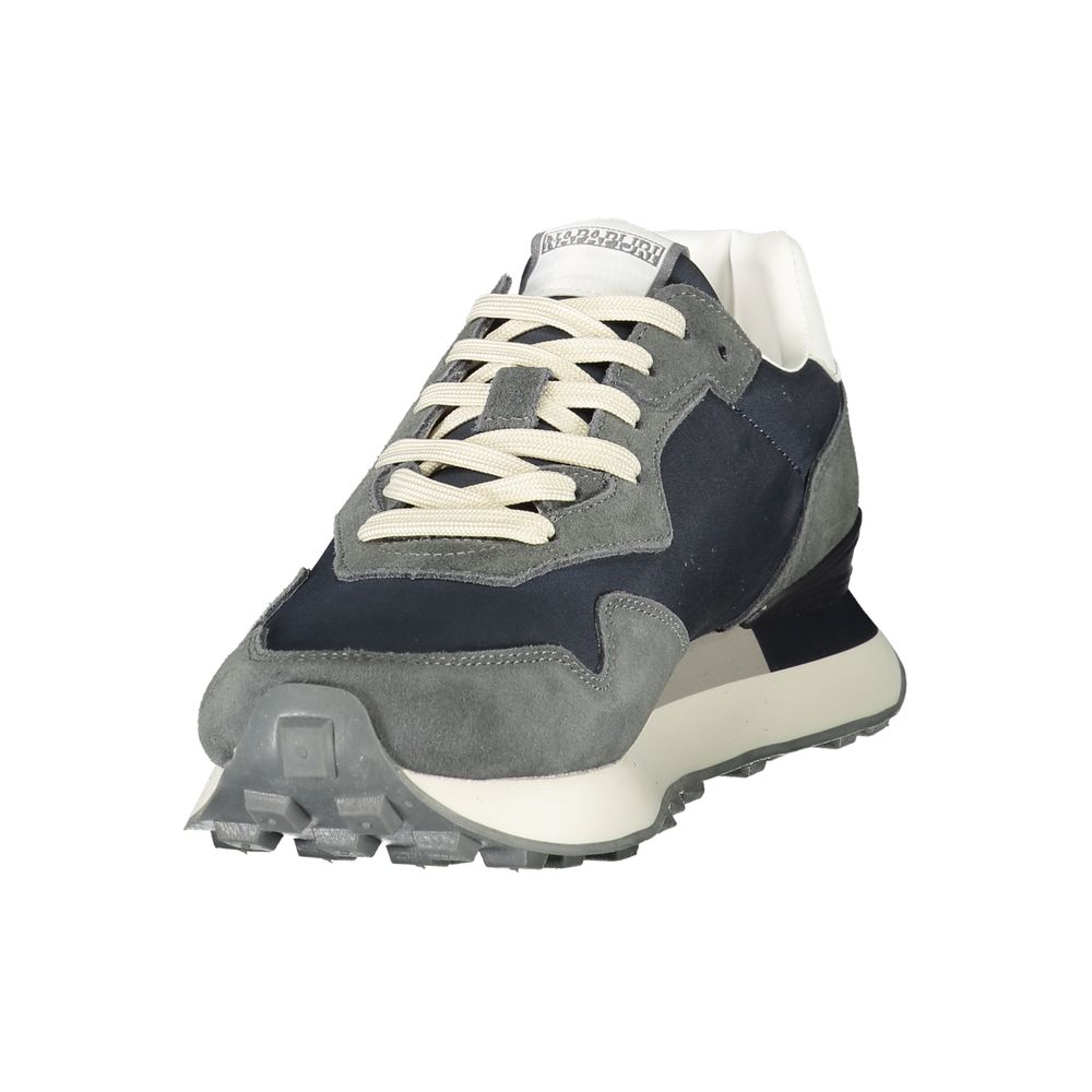 Athletic Sneakers by Napapijri for men in polyester blue, gray, white & print showcases a architectural silhouette, artfully capturing the essence of the Men's Athletic Polyester Sneakers with its signature architectural athletic style construction.