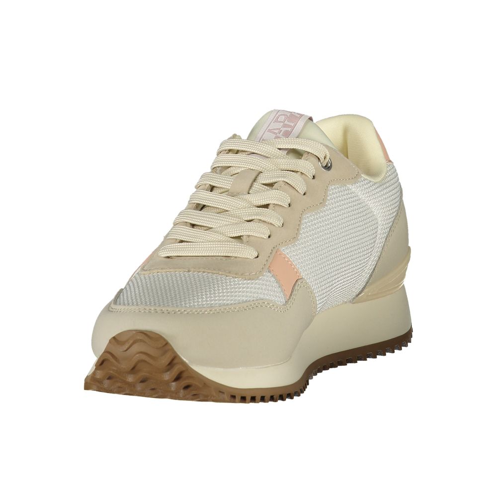 Athletic Sneakers by Napapijri for women in polyester beige, blue, pink & print features an architectural silhouette, showcasing the premium athletic style of the Women's Athletic Polyester Sneakers with an architectural finish.