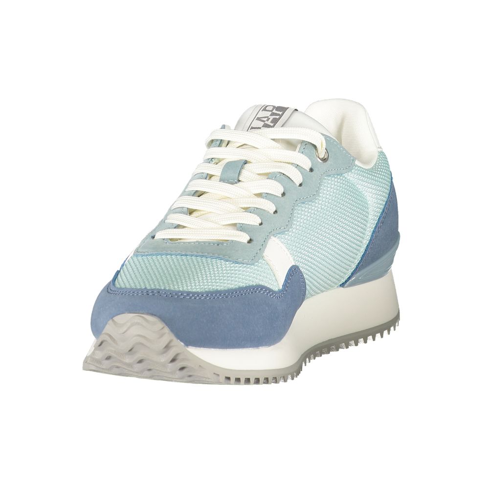 Athletic Sneakers by Napapijri for women in polyester blue & print features an architectural silhouette, showcasing the premium athletic style of the Women's Athletic Polyester Sneakers with an architectural finish.