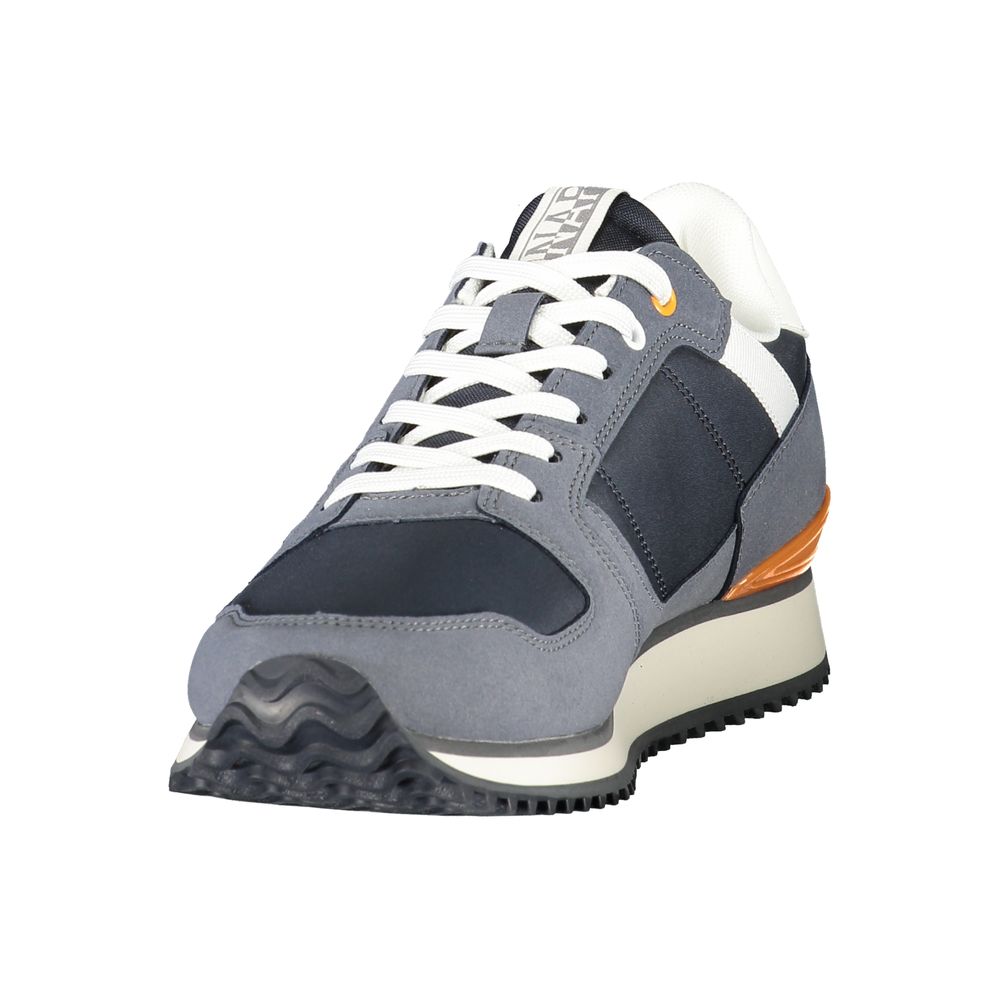 Athletic Sneakers by Napapijri for men in polyester denim blue & print showcases a architectural silhouette, artfully capturing the essence of the Men's Athletic Polyester Denim Sneakers with its signature architectural athletic style construction.