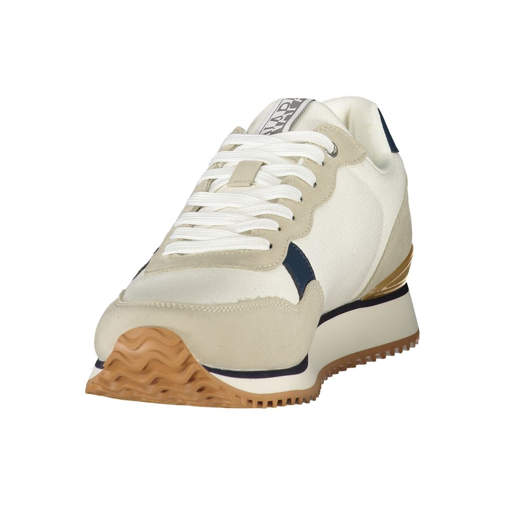 Athletic Sneakers by Napapijri for men in polyester blue, gray & print showcases a architectural silhouette, artfully capturing the essence of the Men's Athletic Polyester Sneakers with its signature architectural athletic style construction.