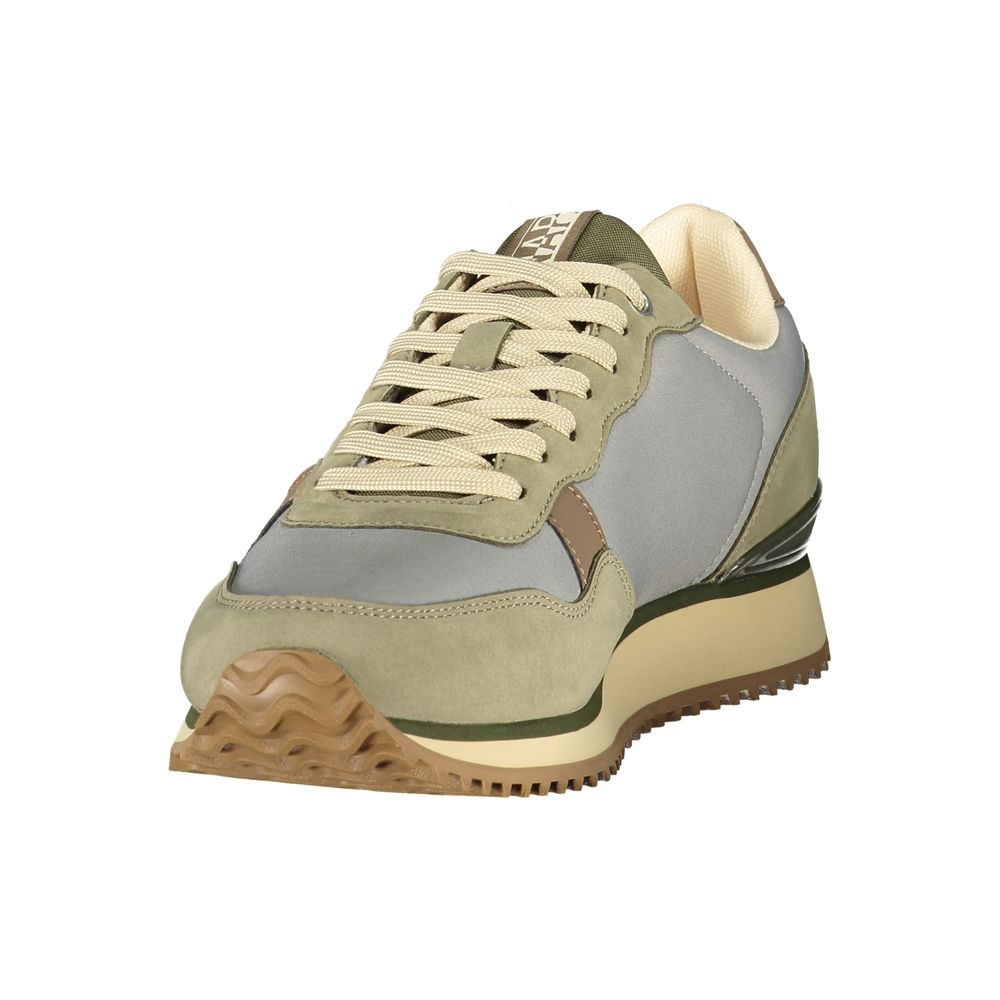Athletic Sneakers by Napapijri for men in polyester blue, green & print showcases a architectural silhouette, artfully capturing the essence of the Men's Athletic Polyester Sneakers with its signature architectural athletic style construction.
