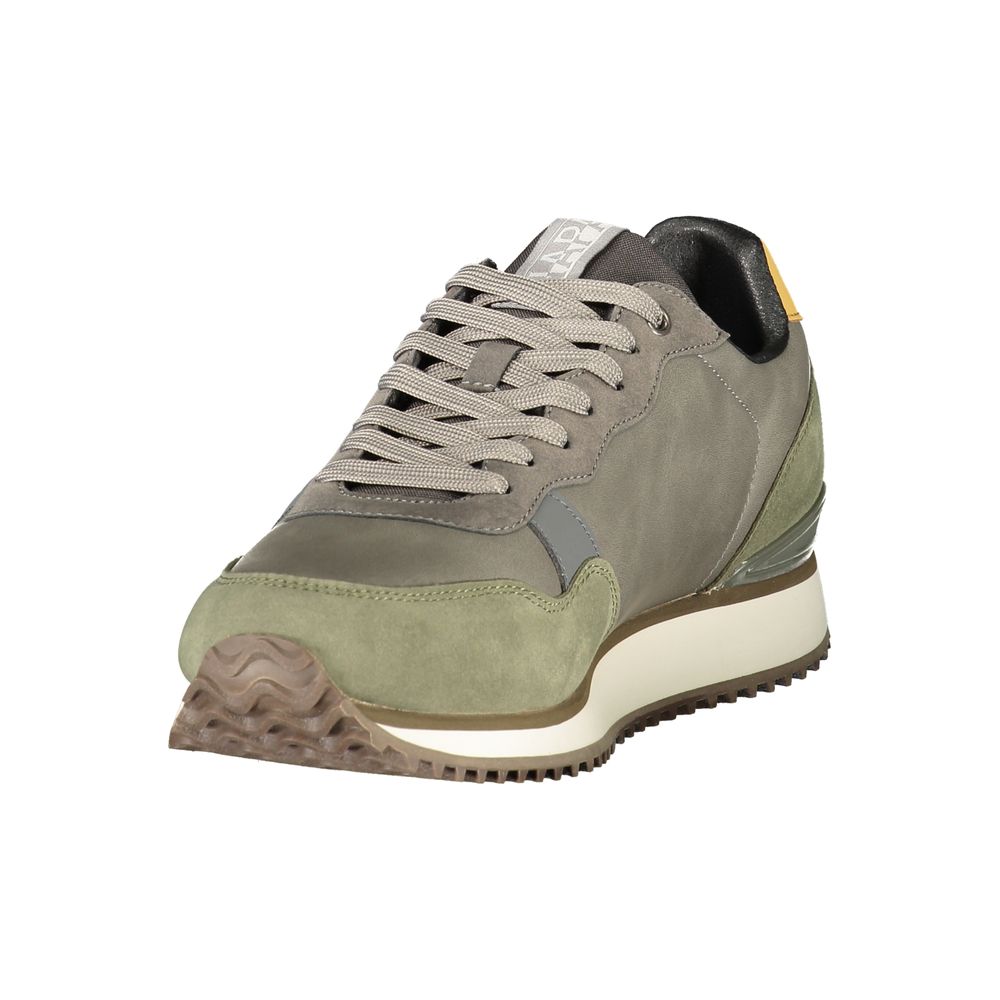 Athletic Sneakers by Napapijri for men in polyester & polyurethane gray, green, ocher, signature & print features an architectural silhouette from the Men's Athletic Polyester & Polyurethane Sneakers collection, showcasing a architectural athletic style for a architectural look.