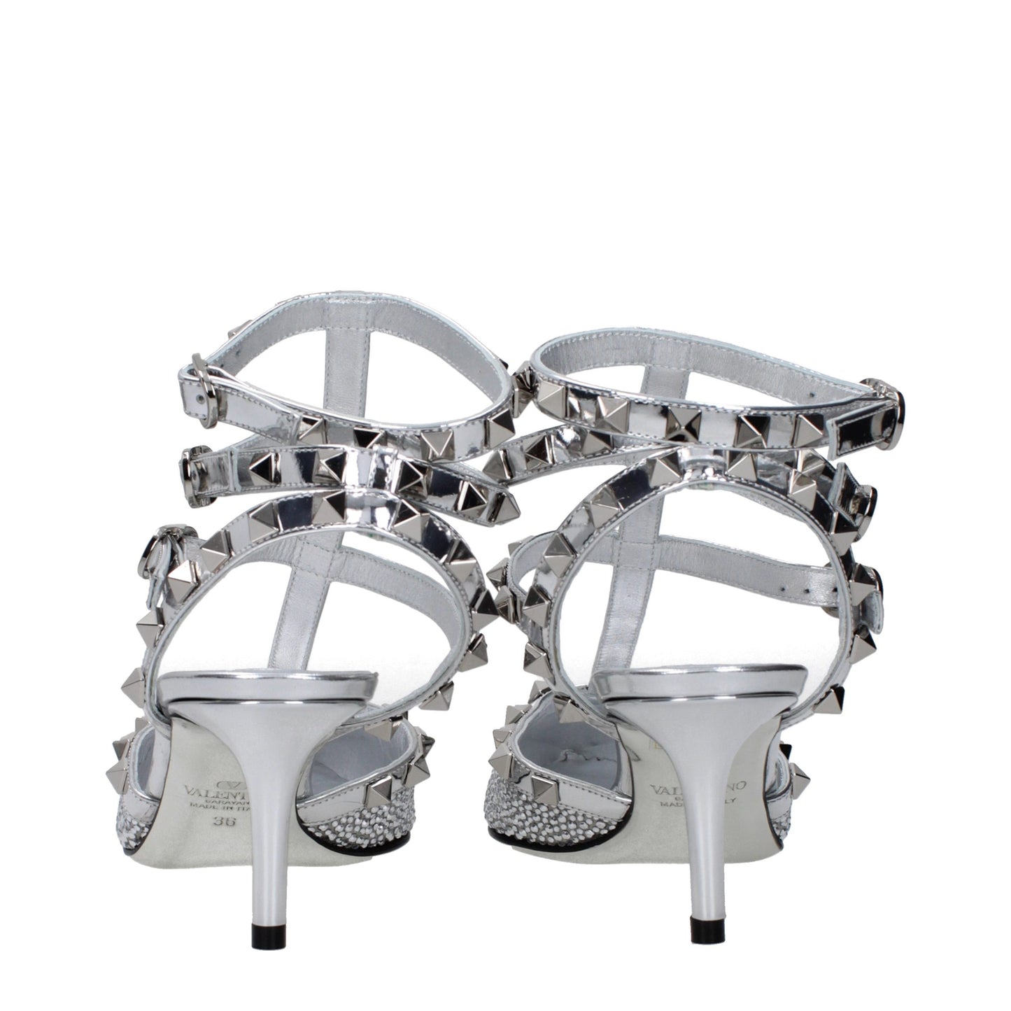 Stiletto Sandals by Valentino Garavani for women in patent leather gray & silver presents a sculptural silhouette, showcasing the Women's Patent Leather Stiletto Sandals design with a sculptural stiletto and for a premium look.