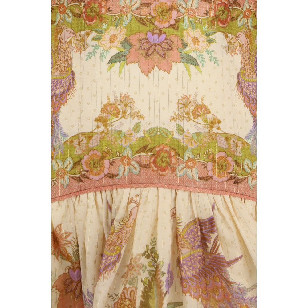Dress by Zimmermann for women in silk & cotton multicolor, patterned & print features an eye catching silhouette with a sophisticated , elegant , and a refined short mini for a eye catching aesthetic.