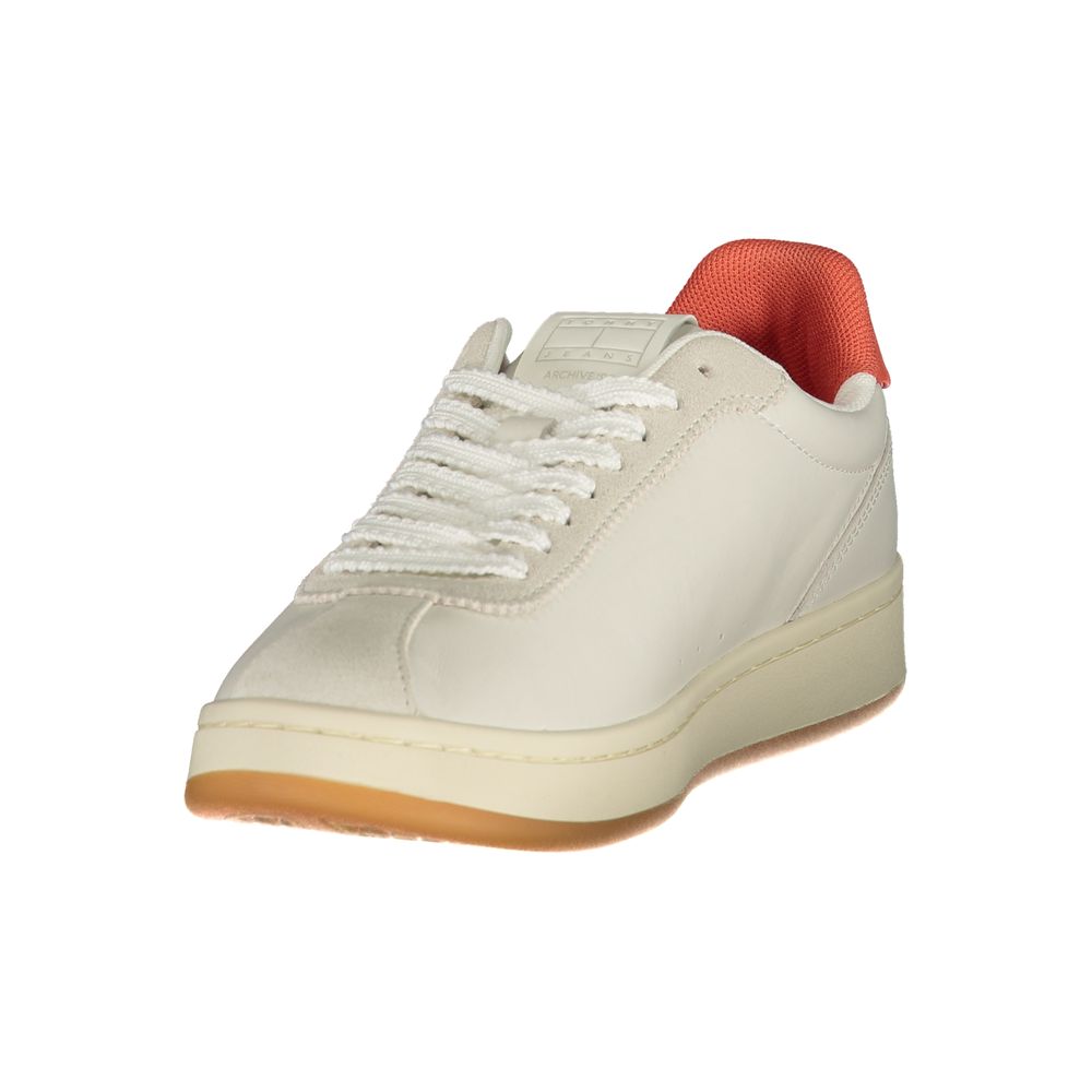 Athletic Sneakers by Tommy Hilfiger for women in polyester beige, cherry, red & print showcases a architectural silhouette, artfully capturing the essence of the Women's Athletic Polyester Sneakers with its signature architectural athletic style construction.