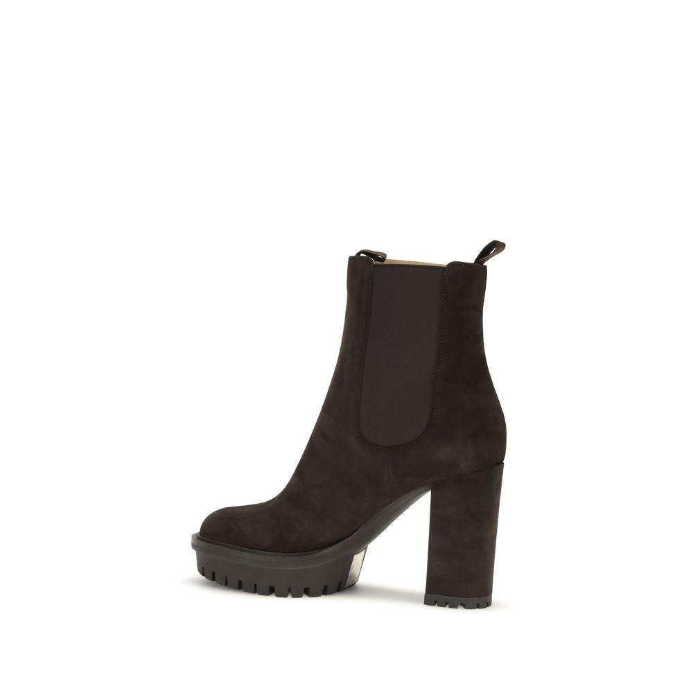 Platform Ankle Boots by Gianvito Rossi for women in bos taurus calf suede leather brown features an dynamic silhouette, showcasing the dynamic Women's Bos Taurus Calf Suede Leather Platform Ankle Boots design with its distinctive platform block-heel and elegant round toe style.
