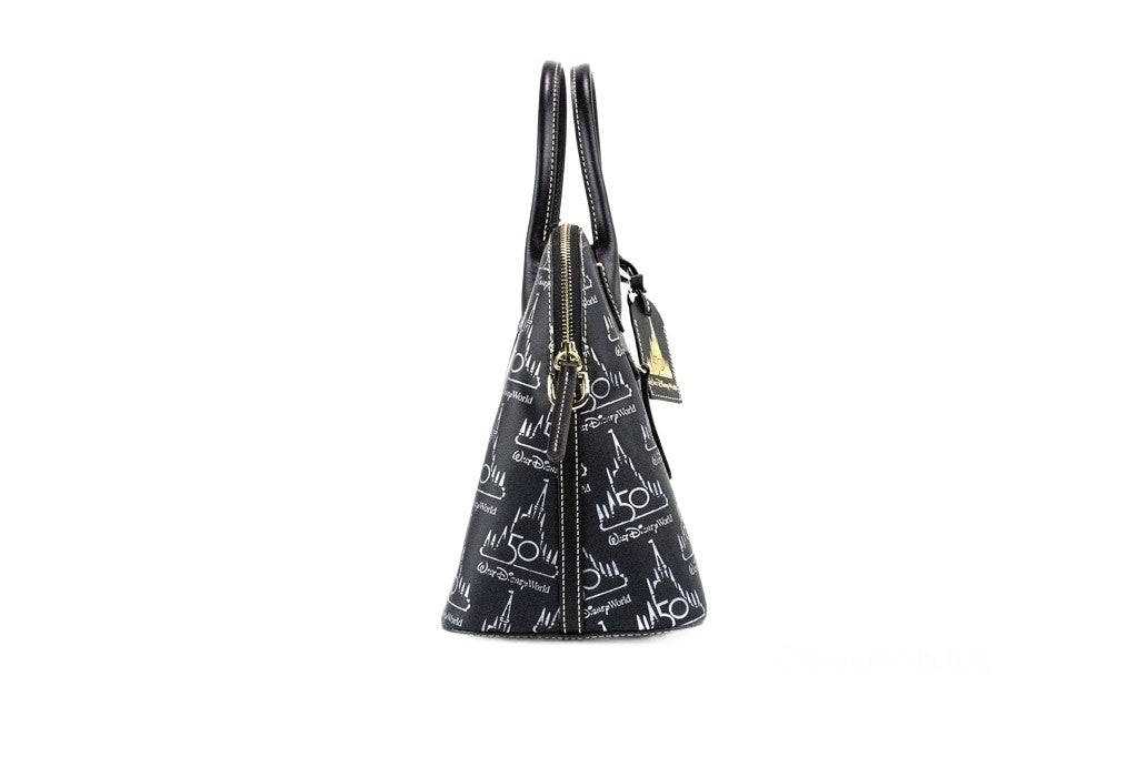 Medium Crossbody Satchel Handbag by Dooney & Bourke for women in leather black, gold, red & patterned features a ornamental silhouette, showcasing a secure zipper, ample , and ornamental crossbody-strap, adjustable-strap & detachable-strap for a sophisticated look.
