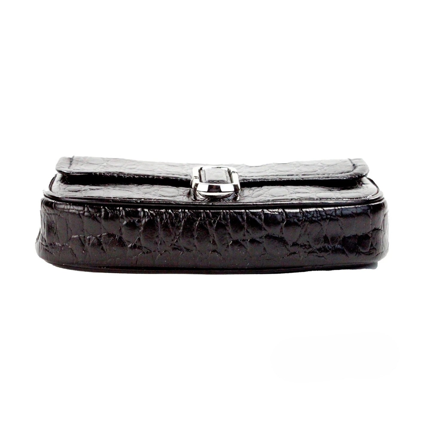 Mini 2-in-1 Shoulder & Crossbody Handbag by Marc Jacobs for women in embossed leather black & silver features a transformative elegance silhouette, showcasing a secure zipper & magnetic, organized cardholder, and versatile crossbody-strap, shoulder-strap, adjustable-strap & detachable-strap for a transformative elegance look.