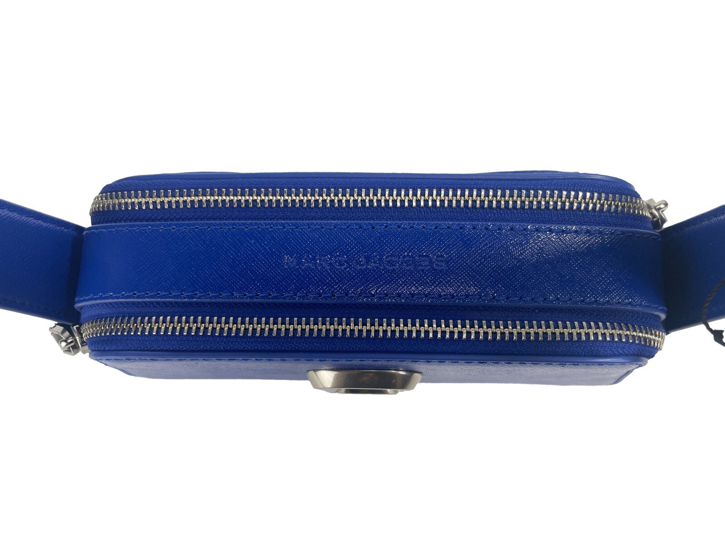 Small Shoulder Travel Bag by Marc Jacobs for women in leather blue & silver presents a statuesque silhouette, showcasing a secure zipper and statuesque with versatile shoulder-strap for a sophisticated look.