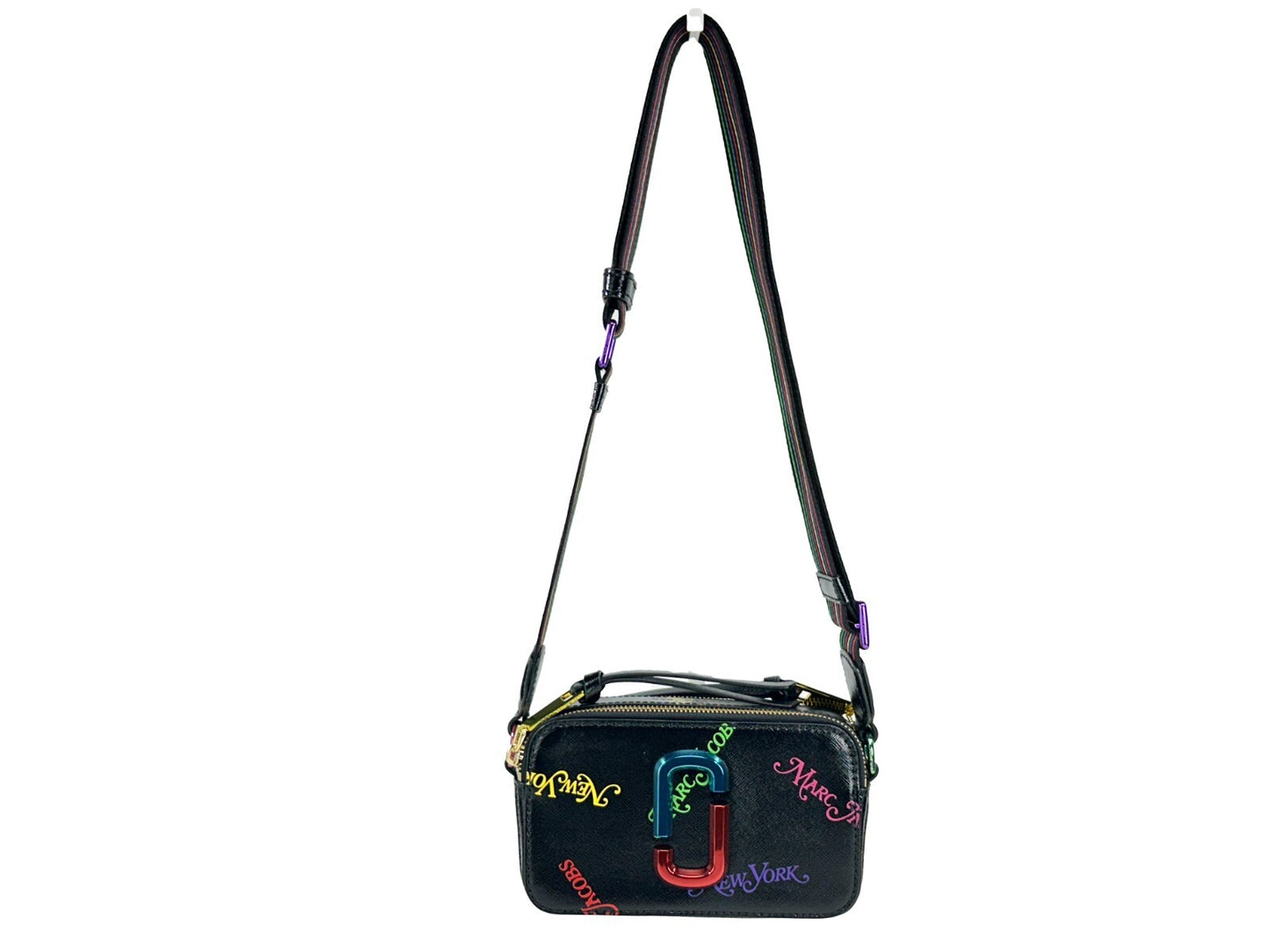 Small Crossbody Travel Handbag by Marc Jacobs for women in cotton polyester canvas black, gold & rainbow features an refined silhouette, showcasing a secure zipper, ample , and versatile crossbody-strap, shoulder-strap, adjustable-strap & detachable-strap for a sophisticated refined aesthetic.