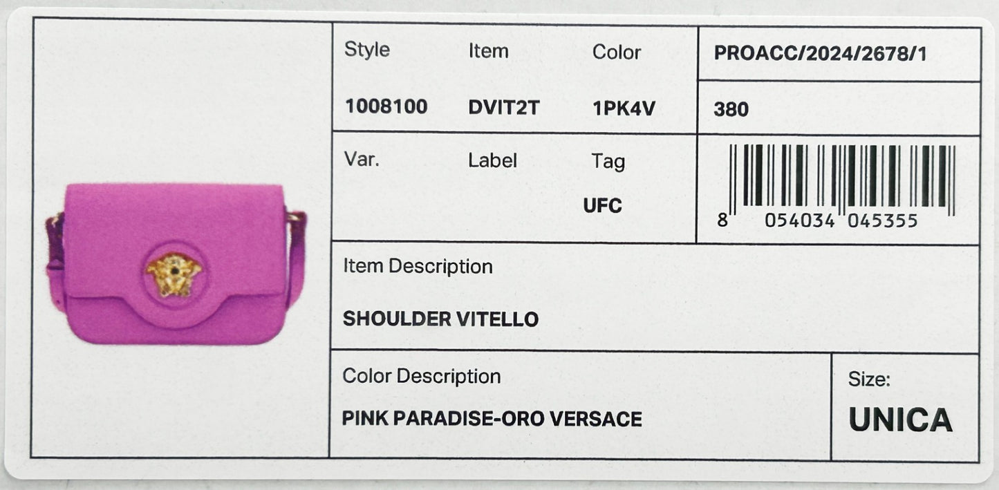 Crossbody Evening Flap Handbag by Versace for women in leather gold & pink features a transformative elegance silhouette, showcasing a secure flap & magnetic, organized , and versatile crossbody-strap, adjustable-strap & detachable-strap for a transformative elegance look.