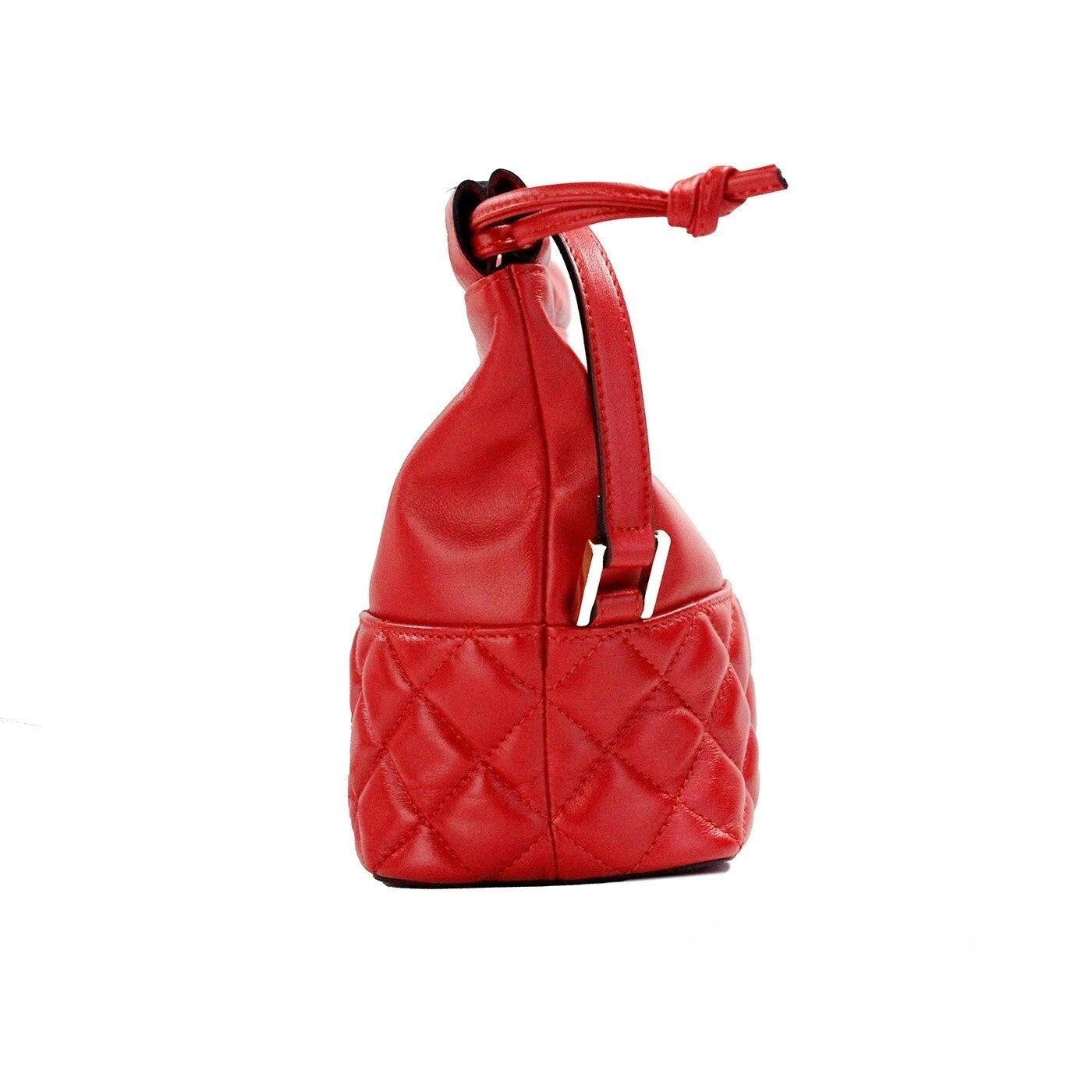 Small Quilted Crossbody Bucket Handbag by Versace for women in leather gold & red features a ornamental silhouette, showcasing a secure drawstring, ample , and ornamental crossbody-strap, shoulder-strap & adjustable-strap for a sophisticated look.