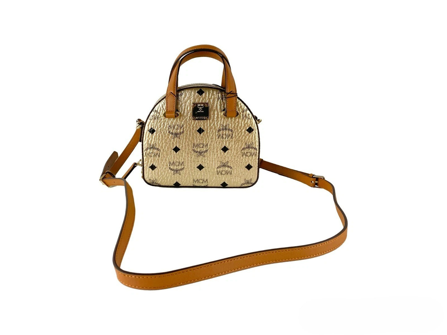 Mini Half Moon Crossbody Tote Handbag by MCM for women in leather gold & signature features an versatile silhouette, showcasing a secure zipper and versatile cardholder with versatile crossbody-strap, adjustable-strap & detachable-strap for a versatile finish.
