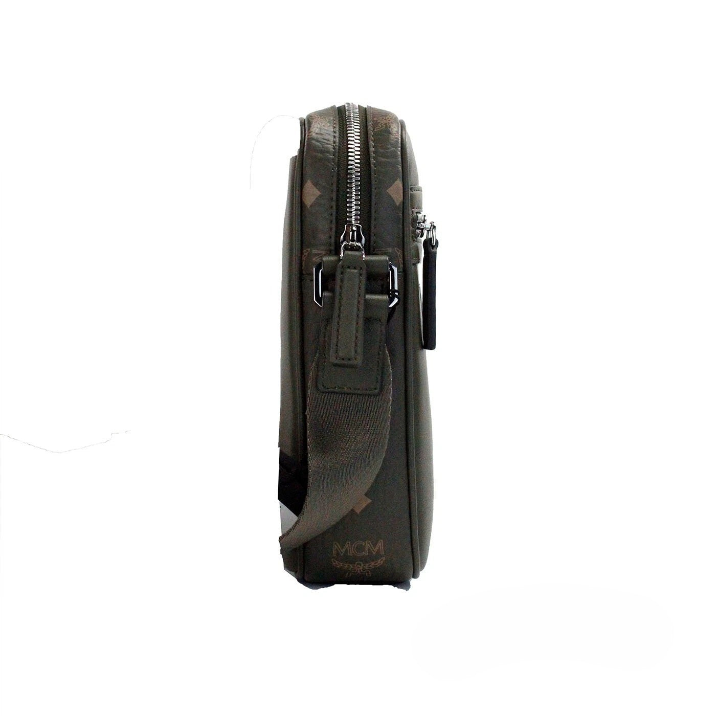 Small Crossbody Camera Handbag by MCM for women in leather green, silver & patterned features a transformative sophistication silhouette, showcasing a secure zipper, ample , and versatile crossbody-strap & adjustable-strap for a transformative sophistication look.