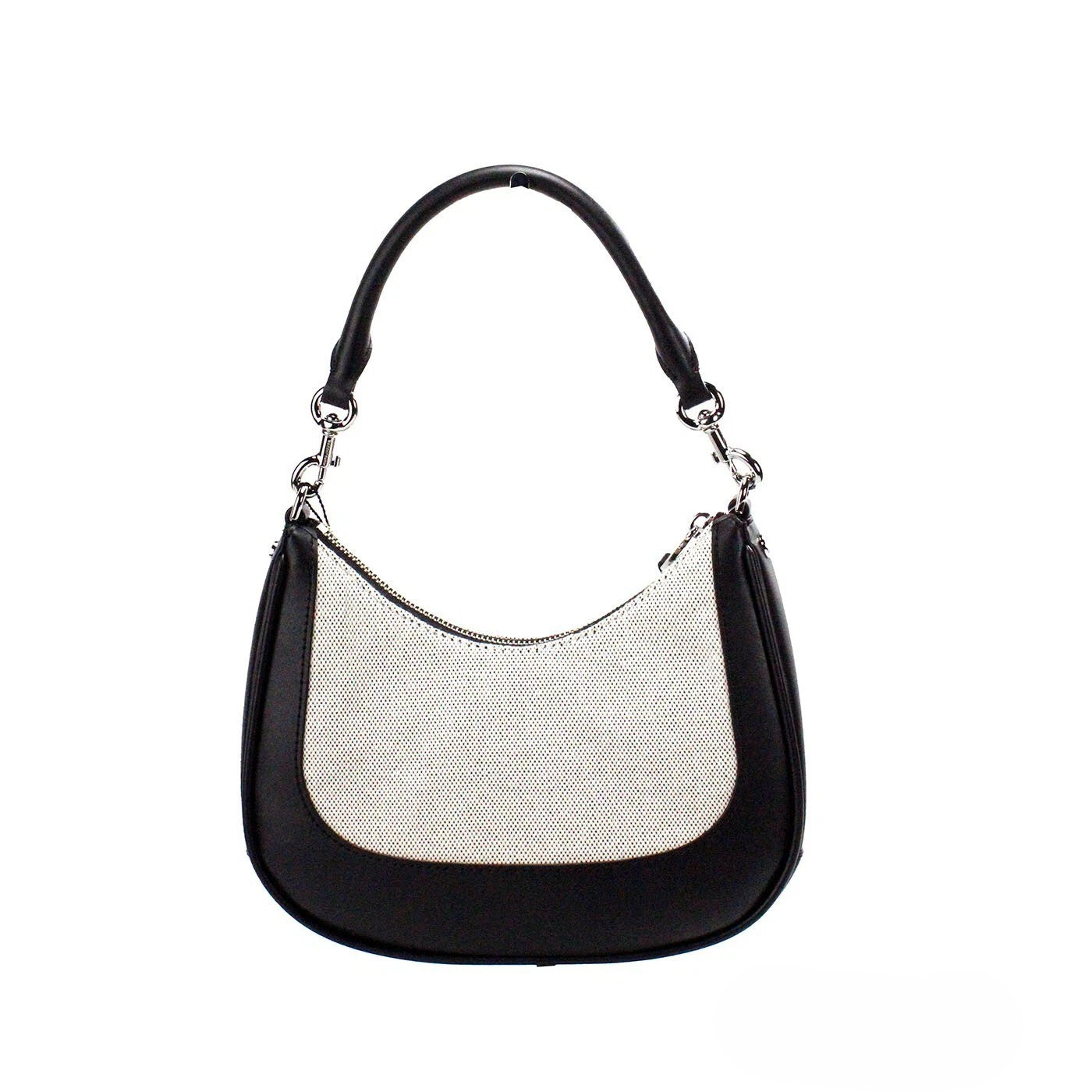 2-in-1 Shoulder & Crossbody Crescent Travel Hobo Bag by Marc Jacobs for women in canvas & leather black, natural, silver & patterned showcases a statuesque silhouette, artfully detailed with a secure zipper, organized , and versatile crossbody-strap, shoulder-strap, adjustable-strap & detachable-strap for a statuesque look.