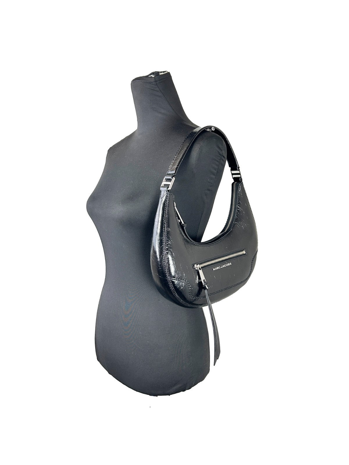 Small Crescent Shoulder Bag by Marc Jacobs for women in leather black & silver features a stately silhouette, showcasing a secure zipper, ample , and stately for a stately finish.