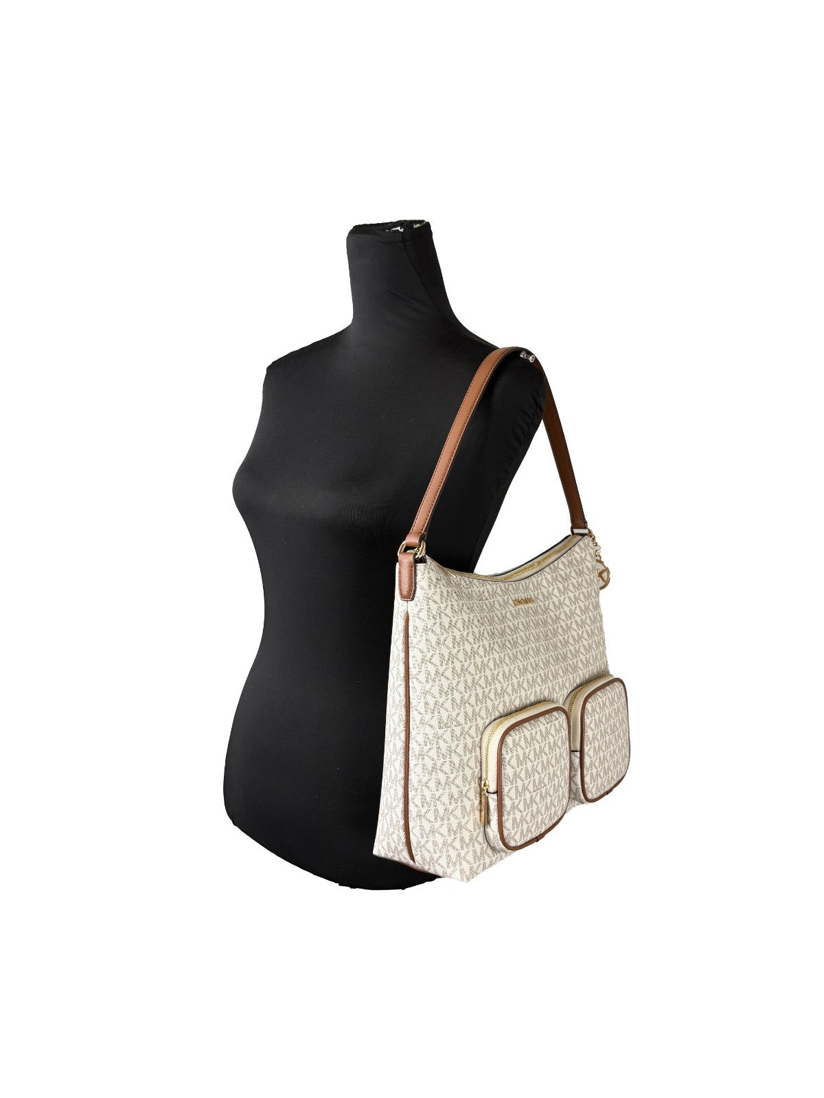 Large Shoulder Bag by Michael Kors for women in synthetic polyurethane leather gold, signature-print & print presents a statuesque silhouette, showcasing a secure zipper and statuesque with versatile shoulder-strap for a sophisticated look.
