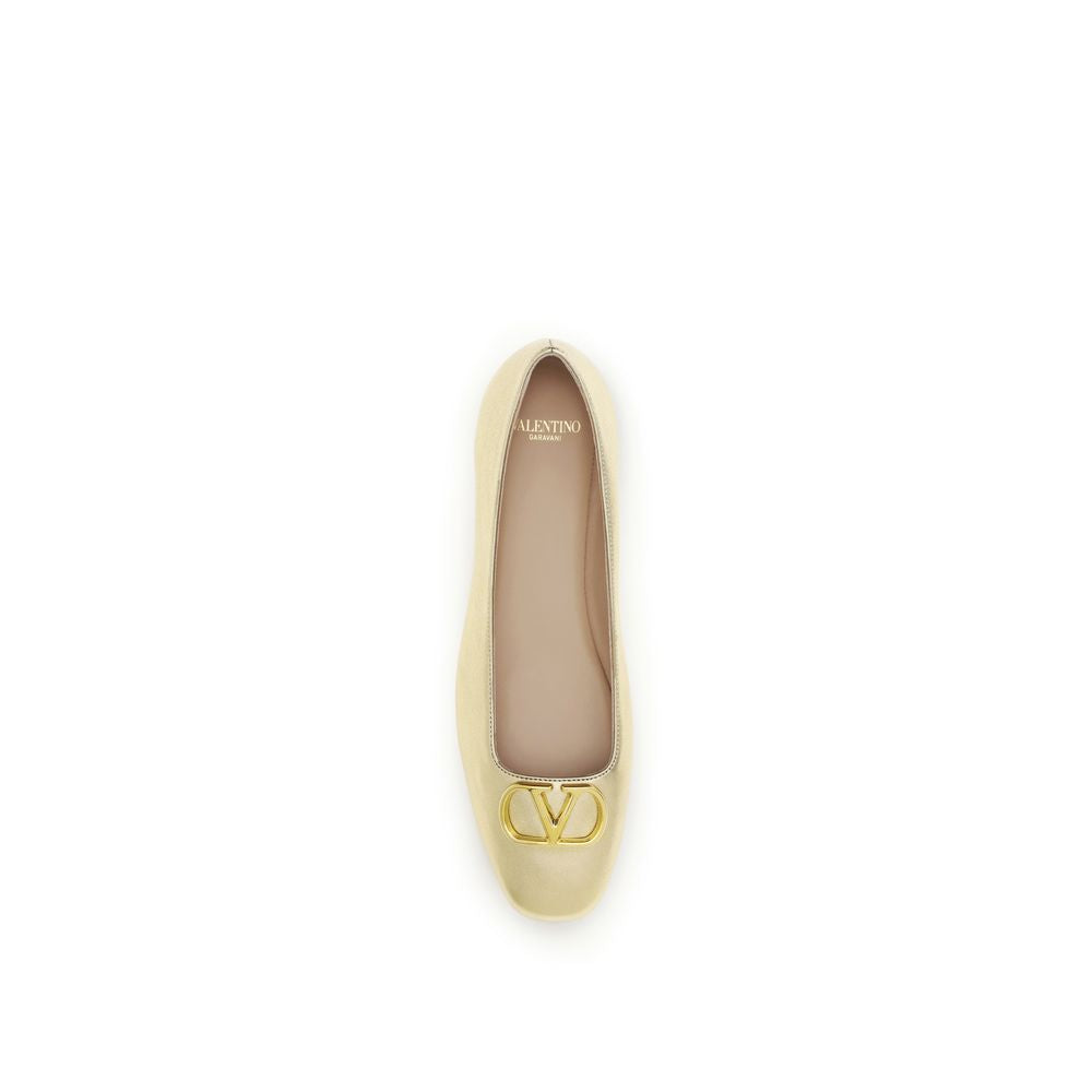 Ballet Flat Shoes by Valentino Garavani for women in bos taurus nappa calf leather gold & signature presents a effortless chic silhouette, showcasing the V Logo Women's Bos Taurus Nappa Calf Leather Ballet Flat Shoes design with a effortless chic and for a sophisticated look.