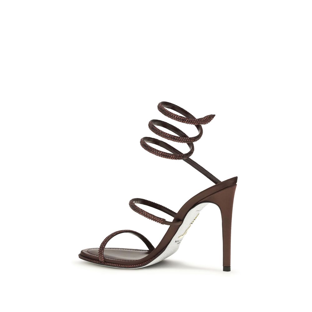 Stiletto Sandals by RENE CAOVILLA for women in silk satin & rhinestone black & brown presents a sculptural silhouette, showcasing the Women's Silk Satin & Rhinestone Stiletto Sandals design with a sculptural stiletto and for a premium look.