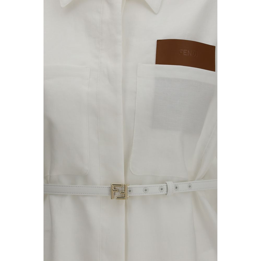 Overcoat by Fendi for women in linen cotton & leather gold, natural & white features a contemporary silhouette showcasing a contemporary and refined pockets for a sophisticated finish.