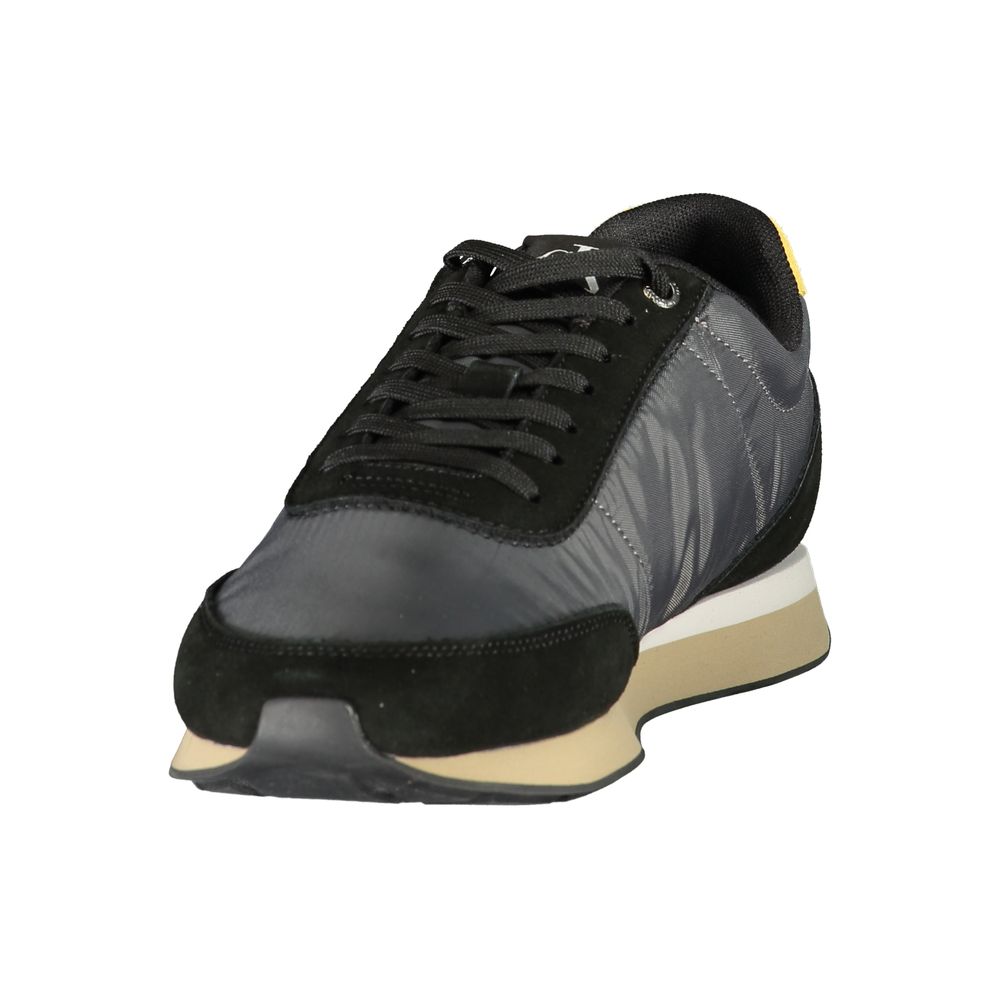 Athletic Sneakers by Calvin Klein for men in polyester polyurethane leather black, gray & print presents a sleek silhouette, perfectly capturing the athletic style essence of Men's Athletic Polyester Polyurethane Leather Sneakers with its sleek design and premium finish.
