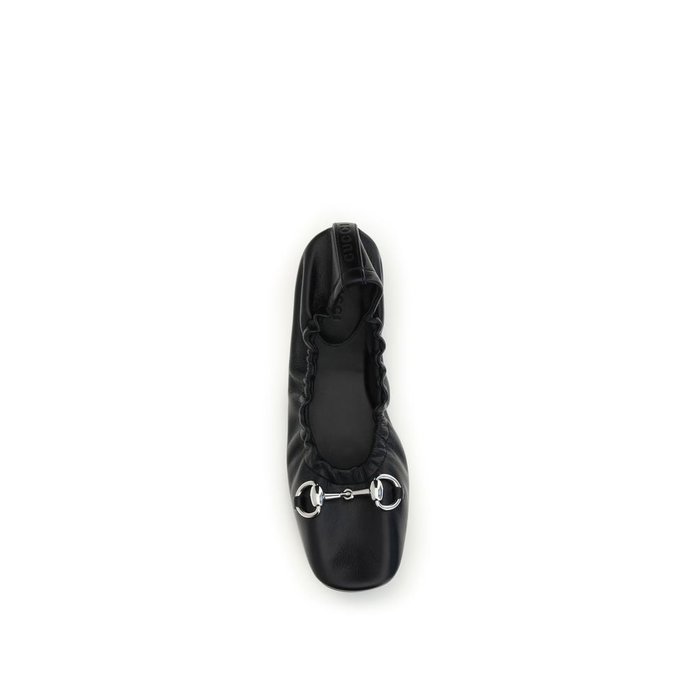 Ballet Flat Shoes by Gucci for women in bos taurus calf leather black & silver presents a impeccable silhouette as Gg Horsebit Women's Bos Taurus Calf Leather Ballet Flat Shoes, artfully designed with a and a impeccable square toe style for a refined, upscale finish.