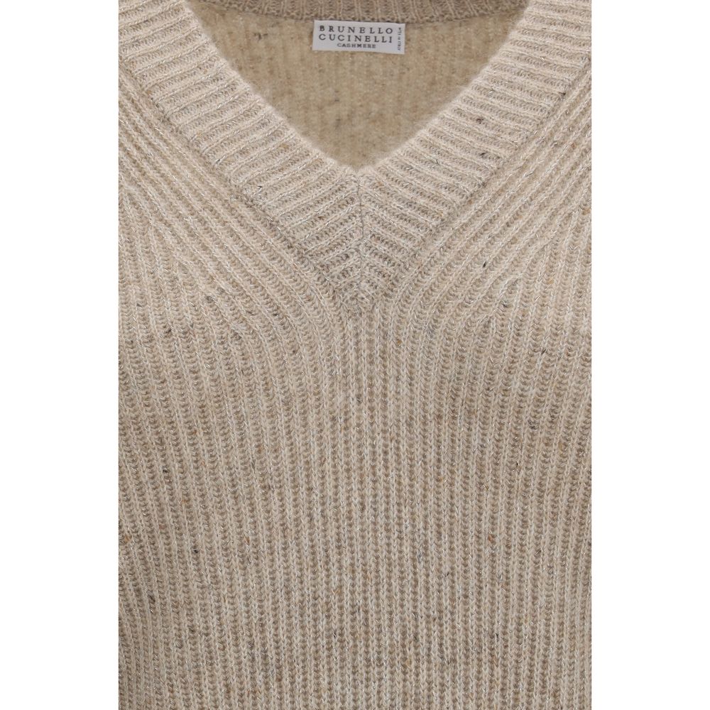 Brunello Cucinelli Women's Crop Top Regular Fit Cropped V Neck Cashmere Mohair & Merino Wool Sweatshirt - Beige