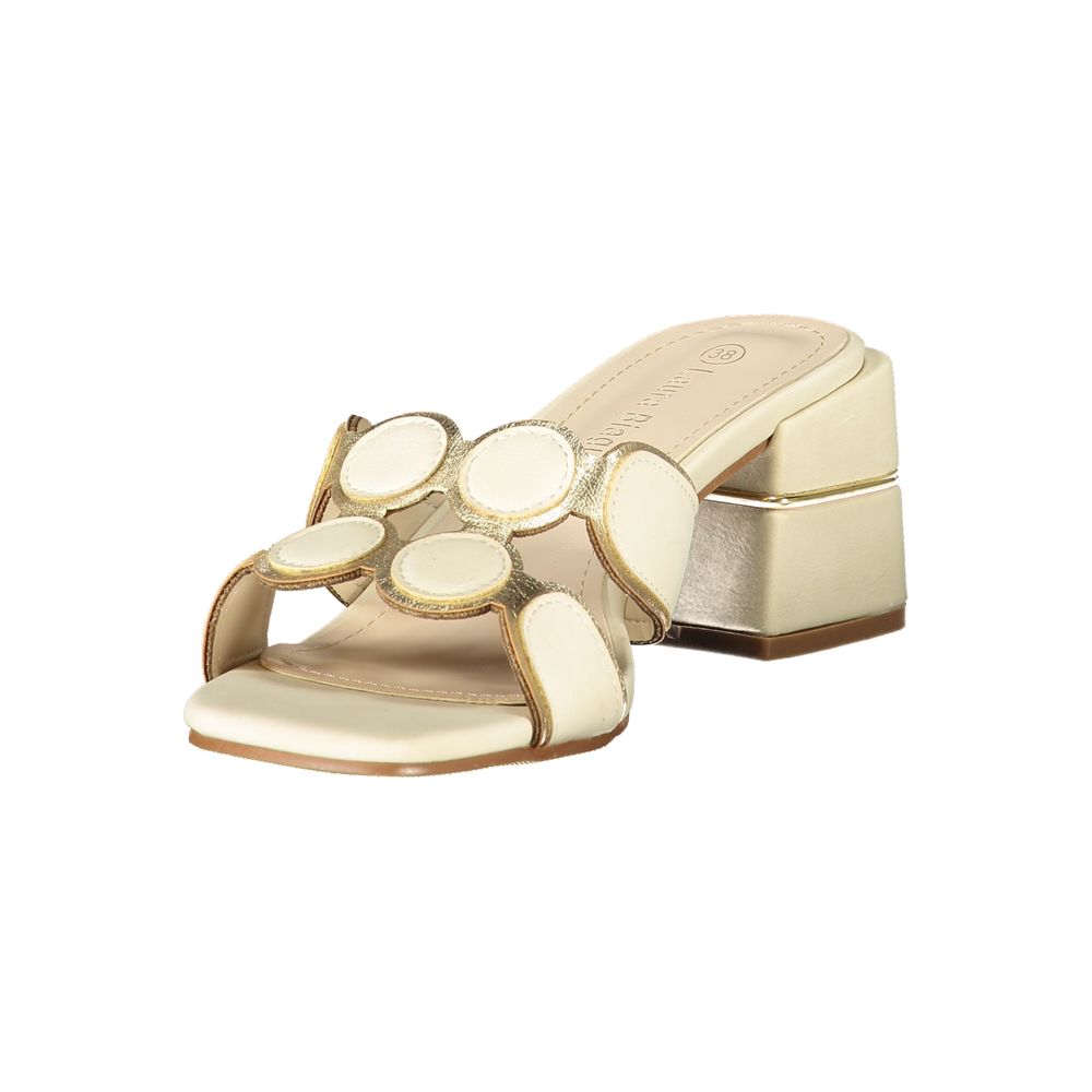 Mid-Heel Sandals by Laura Biagiotti for women in polyurethane and beige presents a sculptural silhouette, showcasing the signature style of the Women's Polyurethane Mid-Heel Sandals with a sculptural 5-cm-heel mid-heel and sculptural .