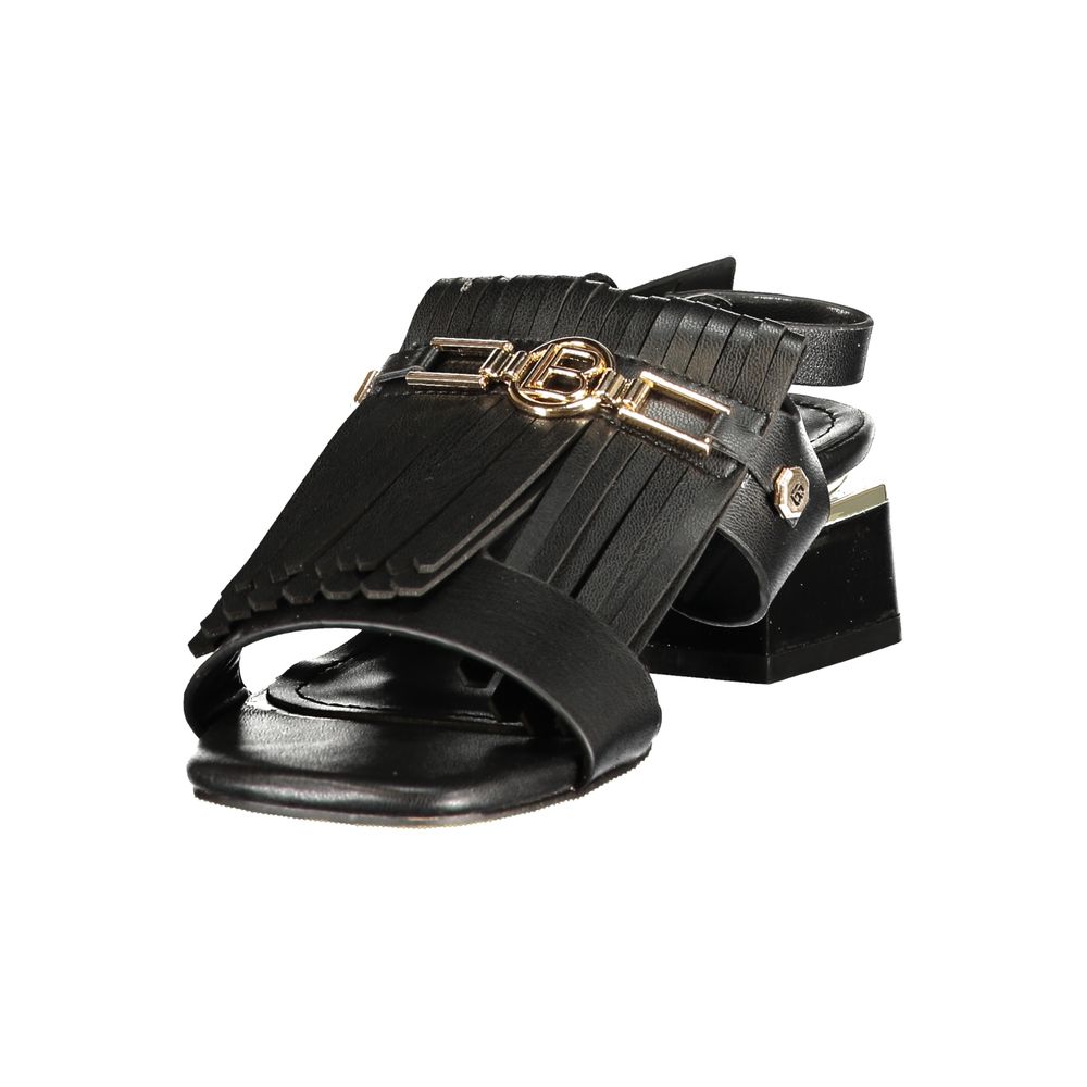 Low-Heel Ankle Strap Sandals by Laura Biagiotti for women in polyurethane and black & white presents a sculptural silhouette, showcasing the signature style of the Women's Polyurethane Low-Heel Ankle Strap Sandals with a sculptural 3-cm-heel low-heel and sculptural .