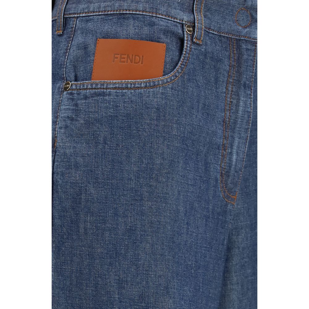 Jeans by Fendi for women in denim cotton & palladium navy, palladium & tan features an refined tailoring silhouette, showcasing a premium wide & oversized with a and long cut for a refined tailoring look.