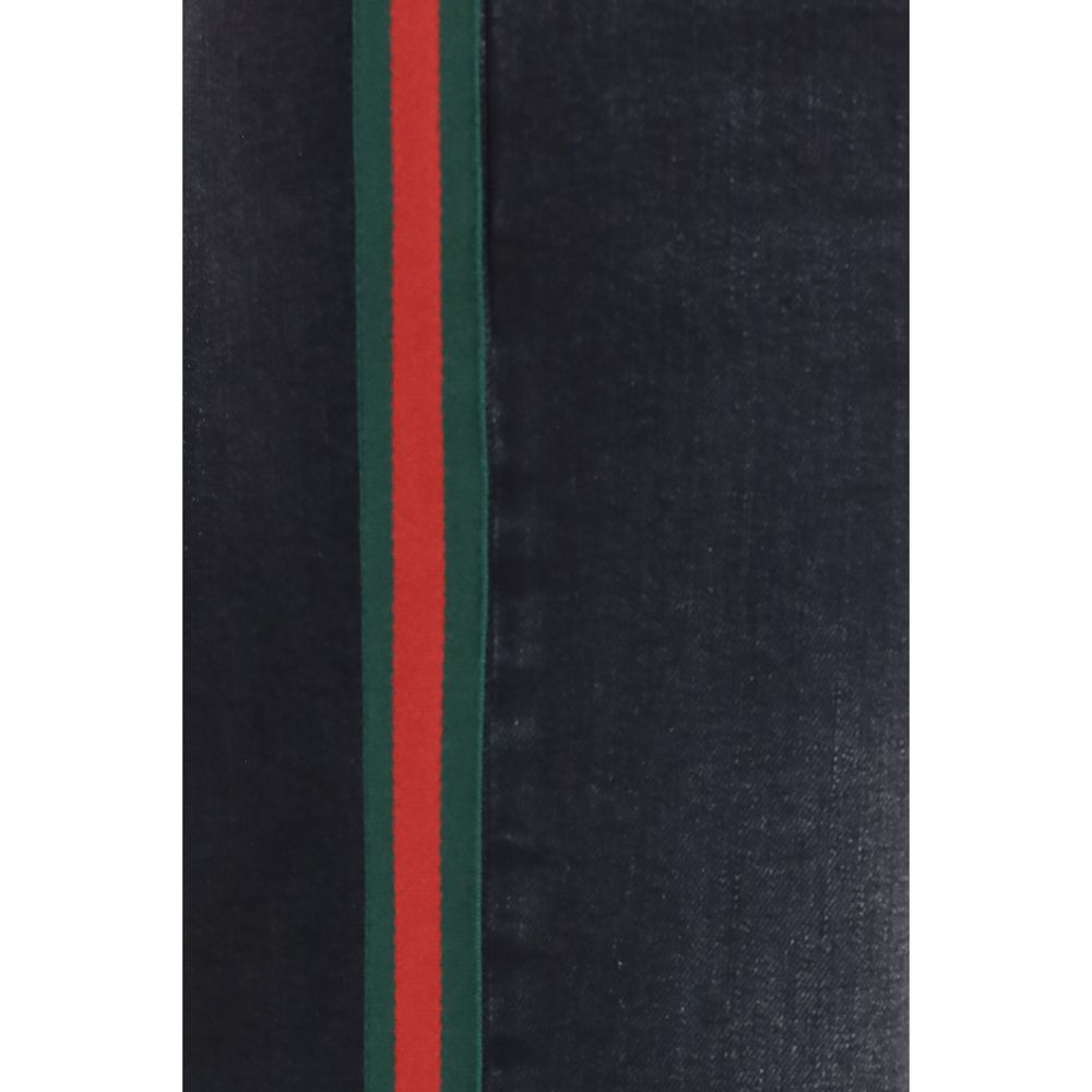 Jeans by Gucci for women in stretch denim cotton black, signature & striped features an sartorial straight-leg & regular-fit and long with a cut for a sartorial finish.