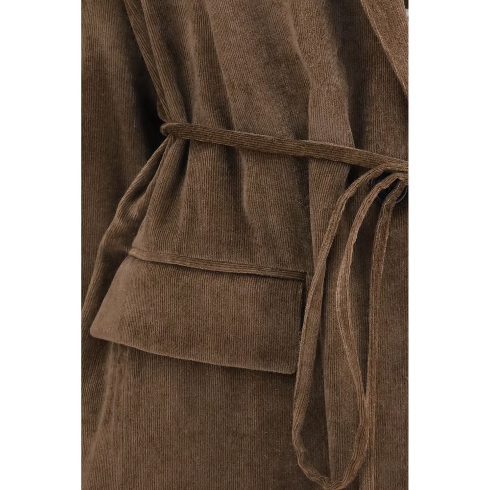 Brunello Cucinelli Women's V Neck Cashmere Corduroy & Viscose Overcoat - Brown