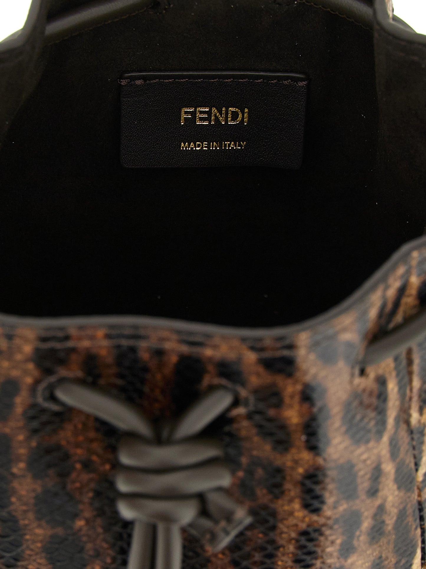 Mini Bucket Handbag by Fendi for women in synthetic suede leather brown & gold features an refined silhouette, showcasing a secure drawstring, ample , and versatile shoulder-strap & handle for a sophisticated refined aesthetic.