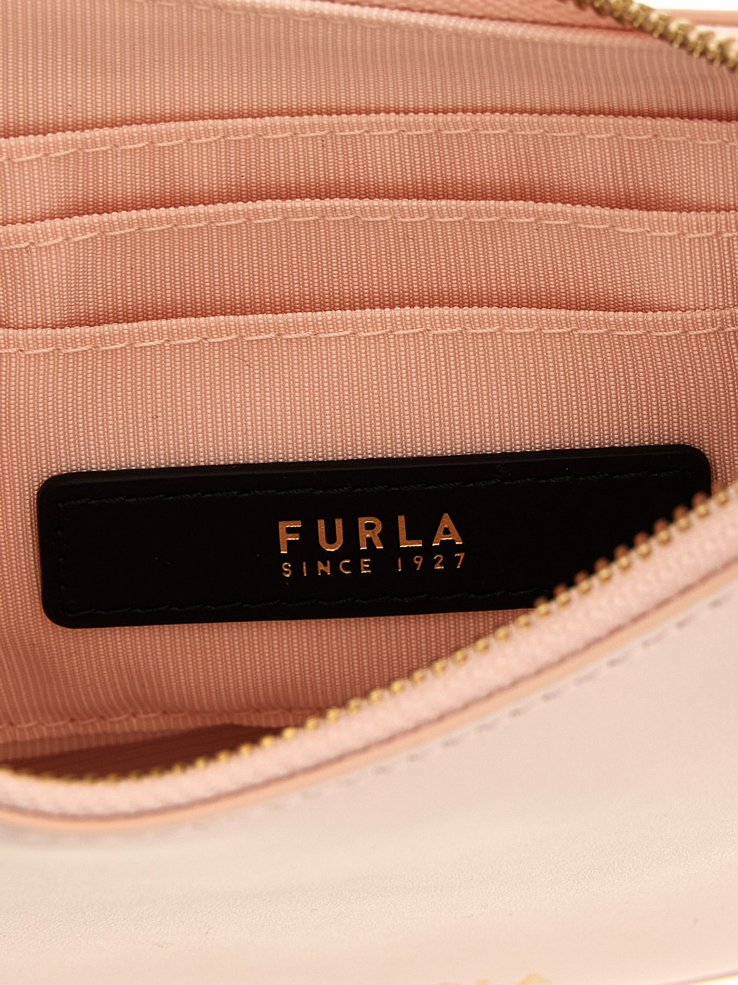 Mini Shoulder Crescent Bag by Furla for women in bos taurus calf suede leather multicolor, pink & signature features a statuesque silhouette, showcasing a secure zipper and statuesque with versatile shoulder-strap, adjustable-strap & handle for a statuesque finish.