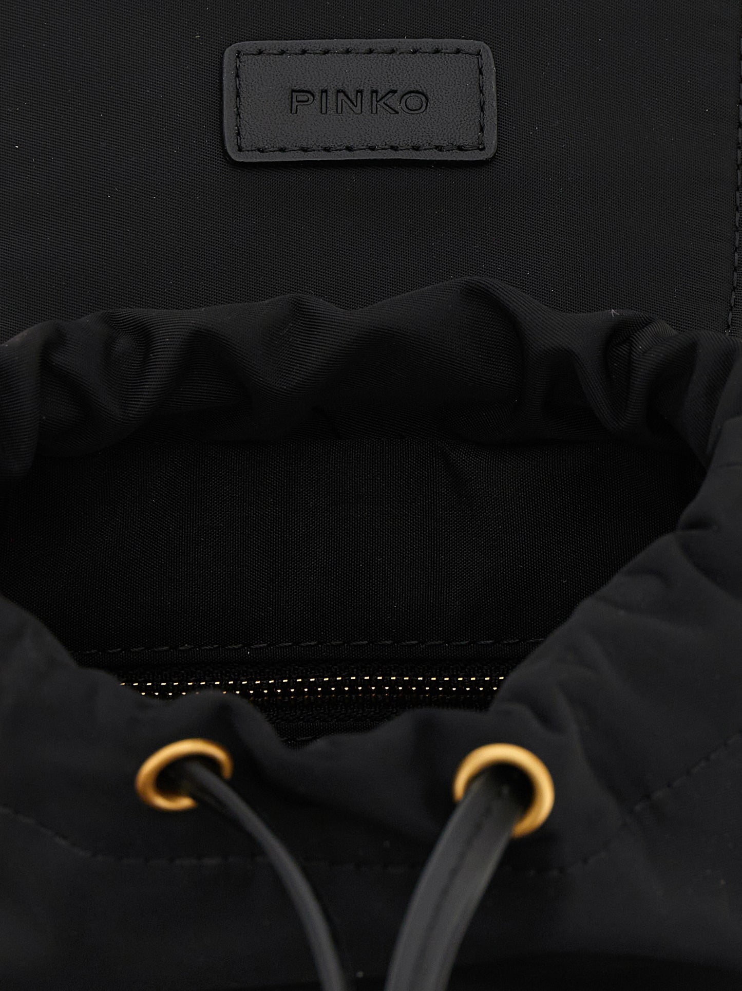Mini Drawstring Flap Backpack by PINKO for women in cotton & leather black showcases a stately Love Birds Cotton & Leather Mini Drawstring Flap Backpack design, featuring a secure flap & drawstring with stately external-pockets and versatile handle, backpack-strap & adjustable-strap.
