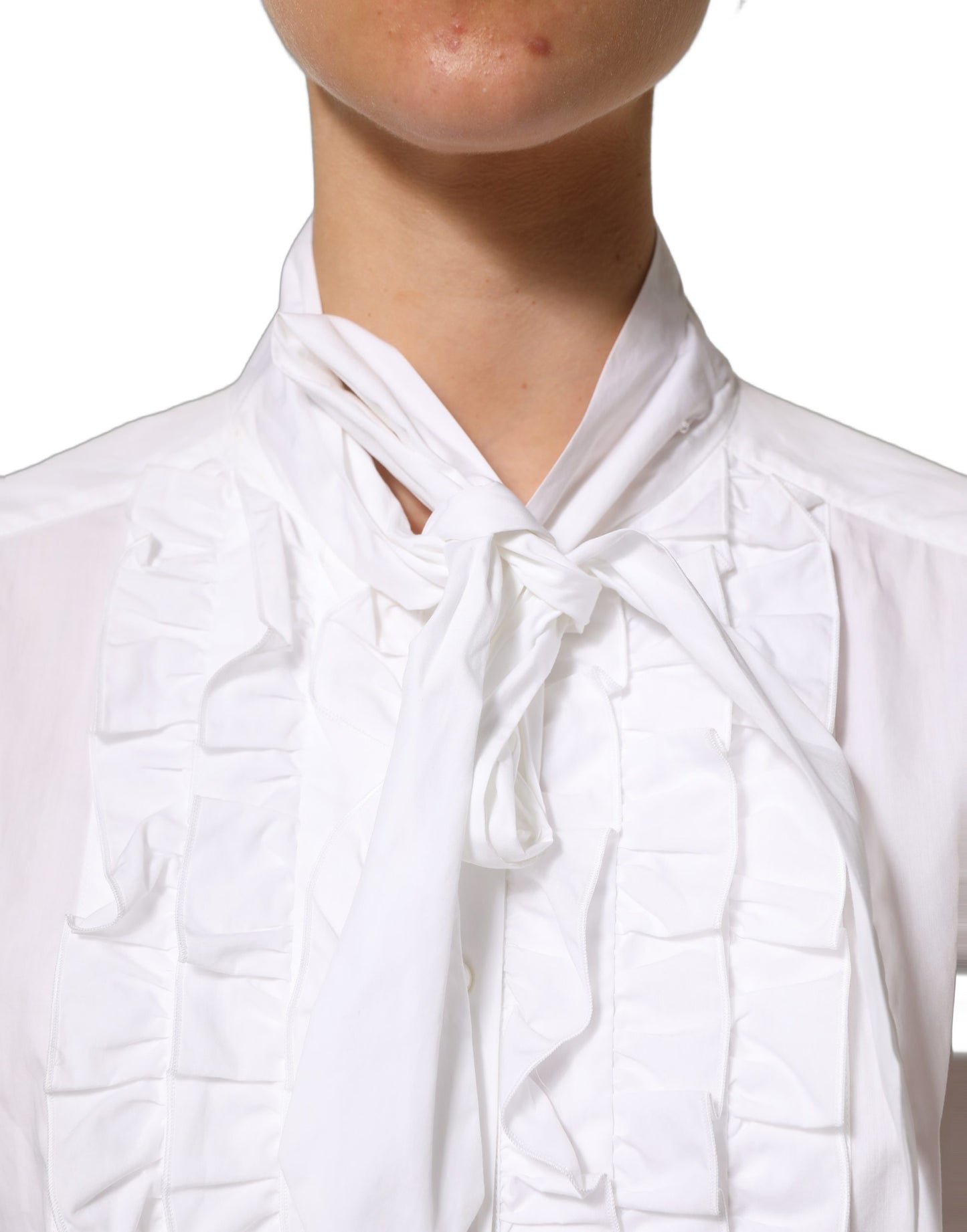 Dolce & Gabbana White Ruffled Bib Long Sleeves Blouse Top