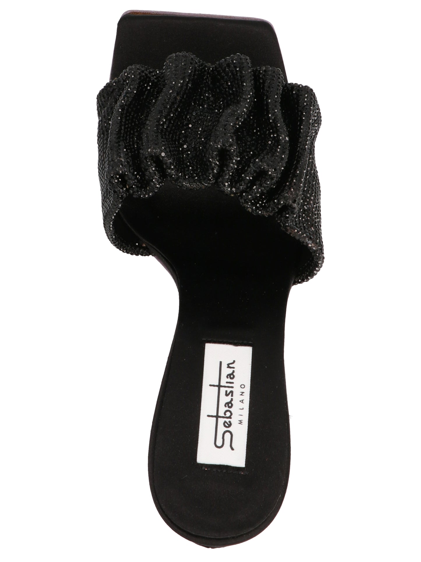 Stiletto Mules Sandals by SEBASTIAN for women in goatskin leather & sequins black presents a sculptural silhouette, showcasing the Women's Goatskin leather & Sequins Stiletto Mules Sandals design with a sculptural stiletto and for a premium look.