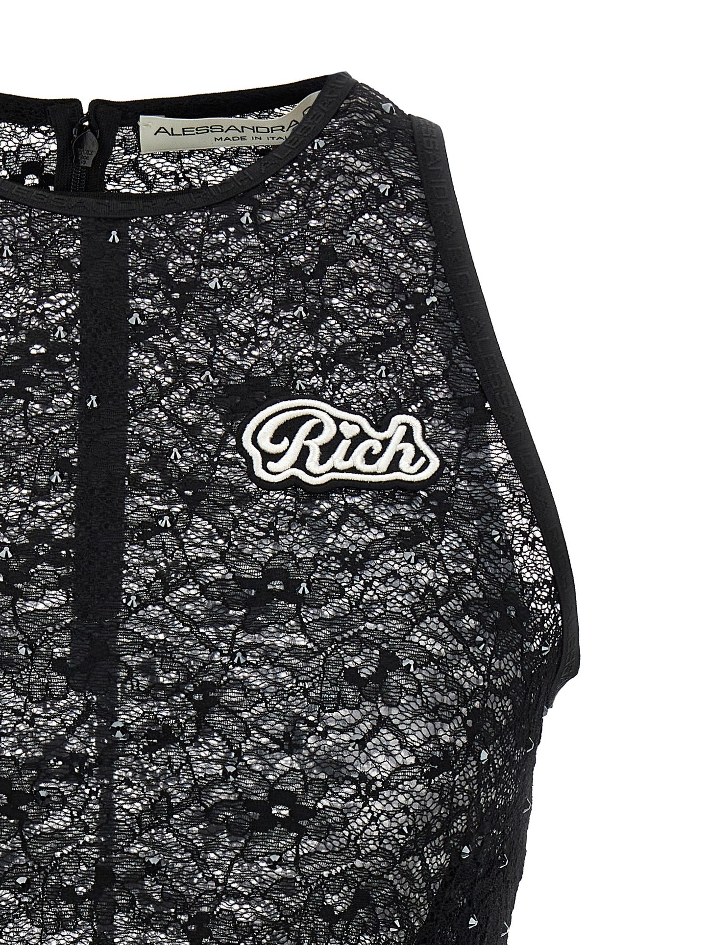 T-Shirt by Alessandra Rich for women in stretch polyamide & rhinestones black features an edgy silhouette, meticulously detailed with a sophisticated and for a truly edgy finish.