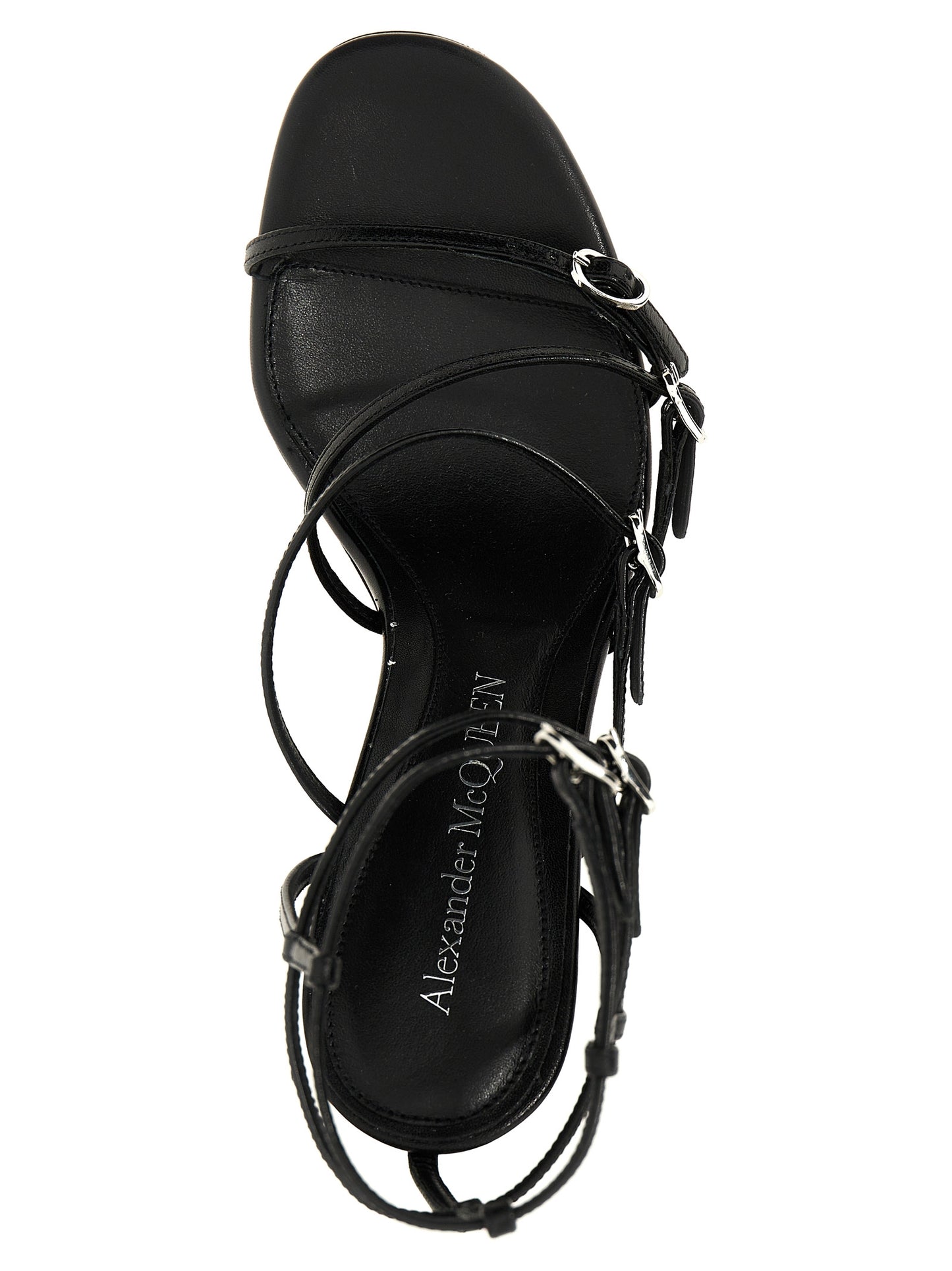 High-Heel Stiletto Sandals by Alexander McQueen for women in lambskin leather and black presents a captivating silhouette, showcasing the signature style of the Women's Lambskin Leather High-Heel Stiletto Sandals with a captivating stiletto high-heel and captivating .