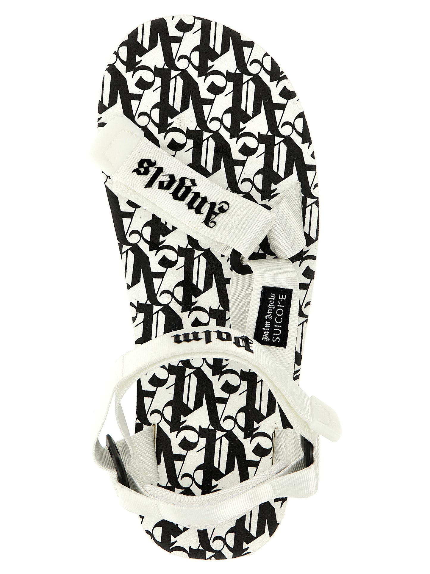 Flat Sandals by Palm Angels for women in polyester & rubber bicolour, black, white & print showcases a sculptural silhouette as City Women's Polyester & Rubber Flat Sandals, defined by a sculptural flat and sculptural for a sculptural look.