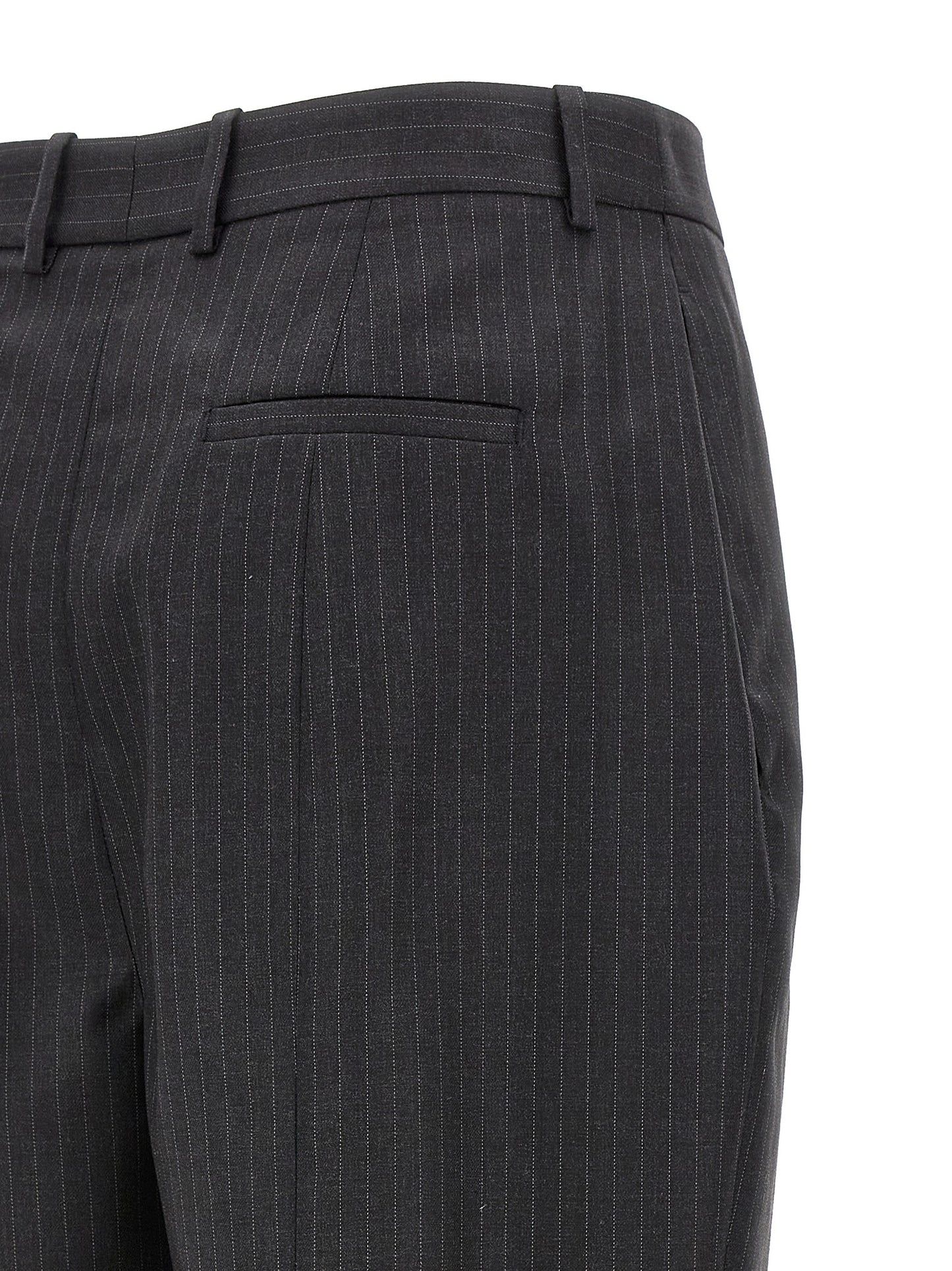 Trousers by Alexander McQueen for women in wool gray & pinstripe features an on trend silhouette, showcasing a sophisticated with a long and for an on trend finish.