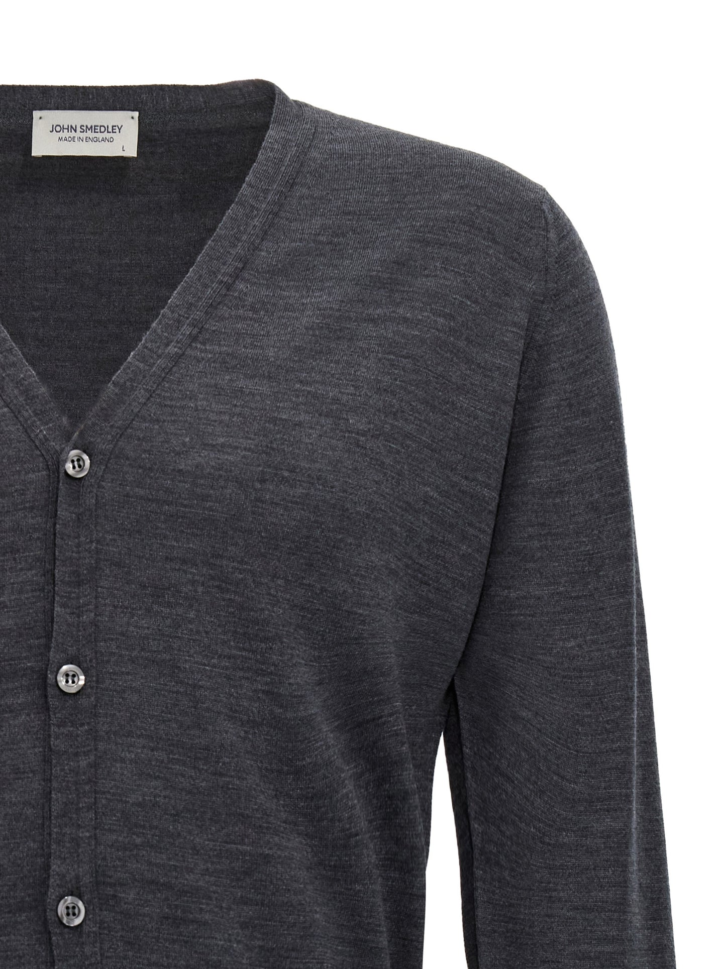 Cardigan by JOHN SMEDLEY for men in wool gray features a dramatic silhouette, showcasing a sophisticated and dramatic detail for a timeless, premium look.