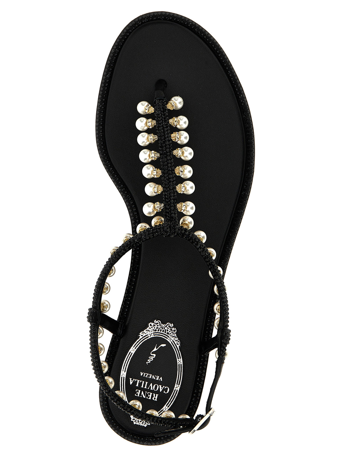 Flat Thong Sandals by RENE CAOVILLA for women in viscose leather & rhinestone black & pearl showcases a sculptural silhouette as Women's Viscose Leather & Rhinestone Flat Thong Sandals, defined by a sculptural flat and sculptural for a sculptural look.