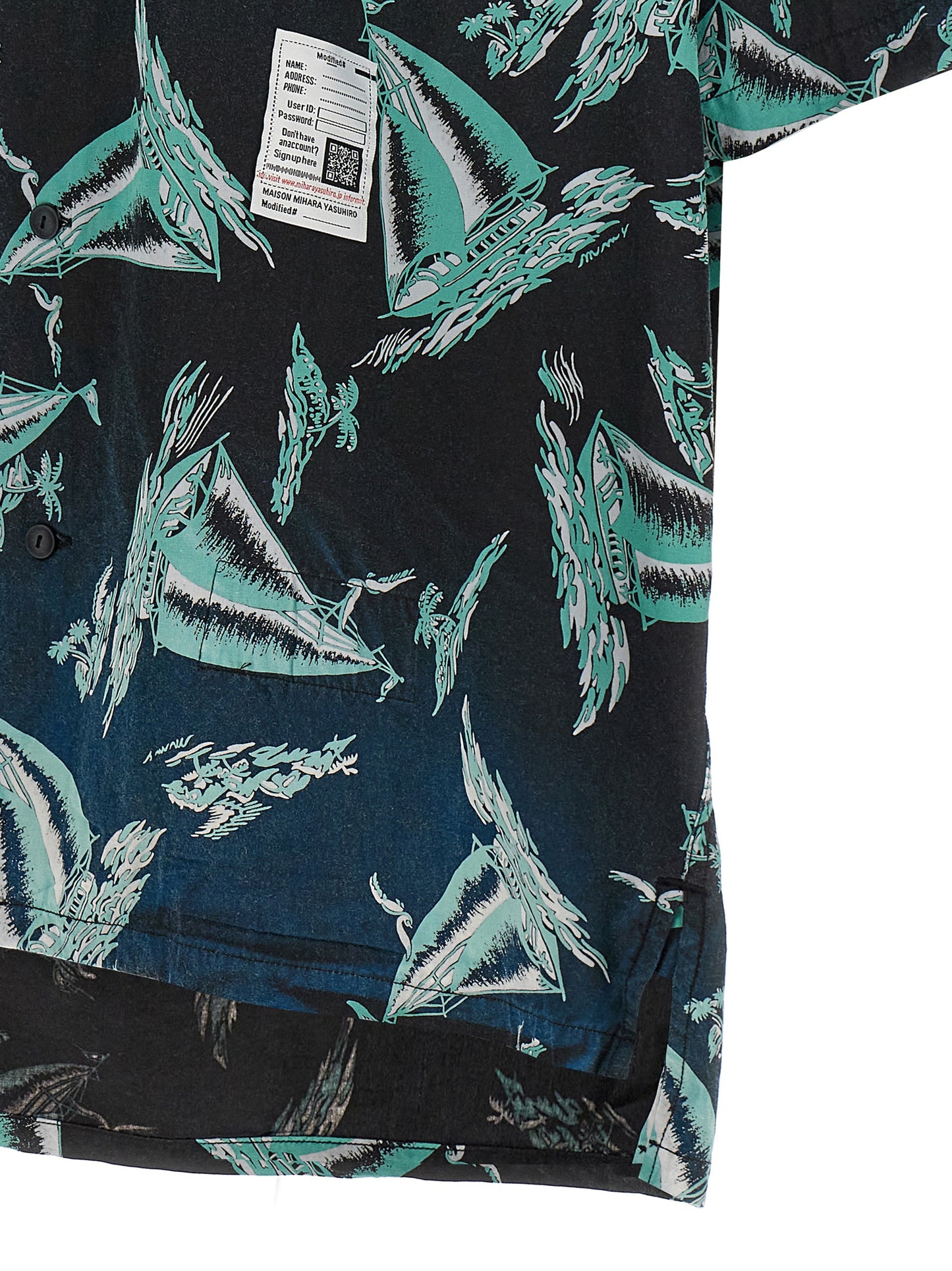 Shirt by Maison Mihara Yasuhiro for men in rayon & cotton blue & print features an architectural silhouette with a refined and elegant for a architectural look.